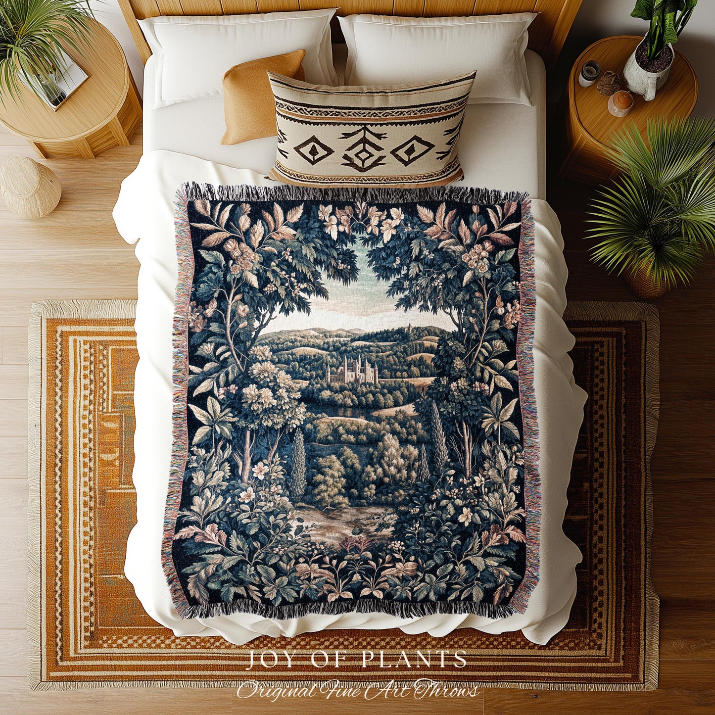 Elegant Rococo Landscape Botanical Coverlet | Romantic Victorian Elegance Medieval Gothic Fairytale Floral Throw Blanket Baroque Style |