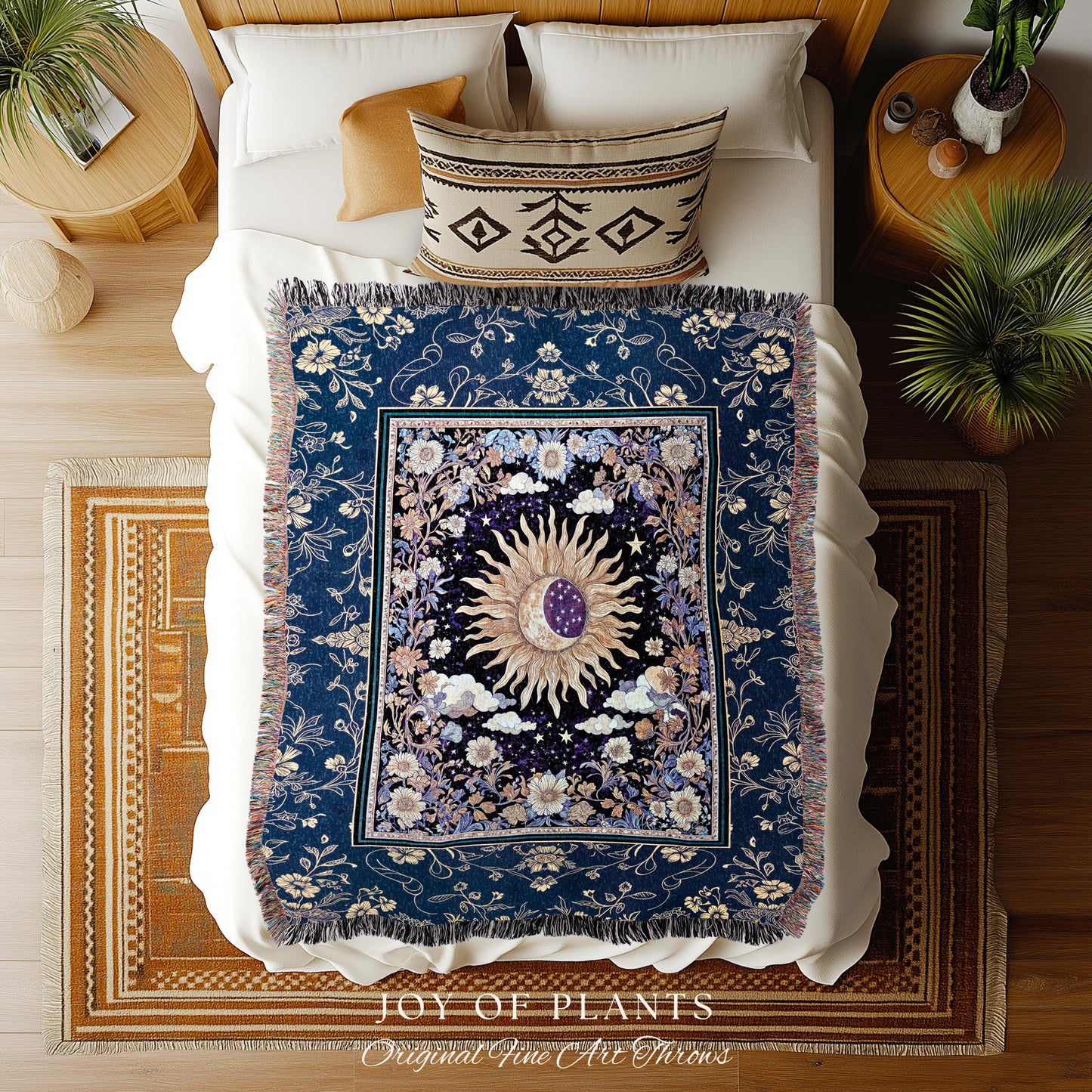 Cosmic Whimsy Fairycore Tapestry | Ethereal Sun Blanket Woven Throw Celestial Bedroom Floral Tarot Theme Sun and Moon Colorful Maximalist