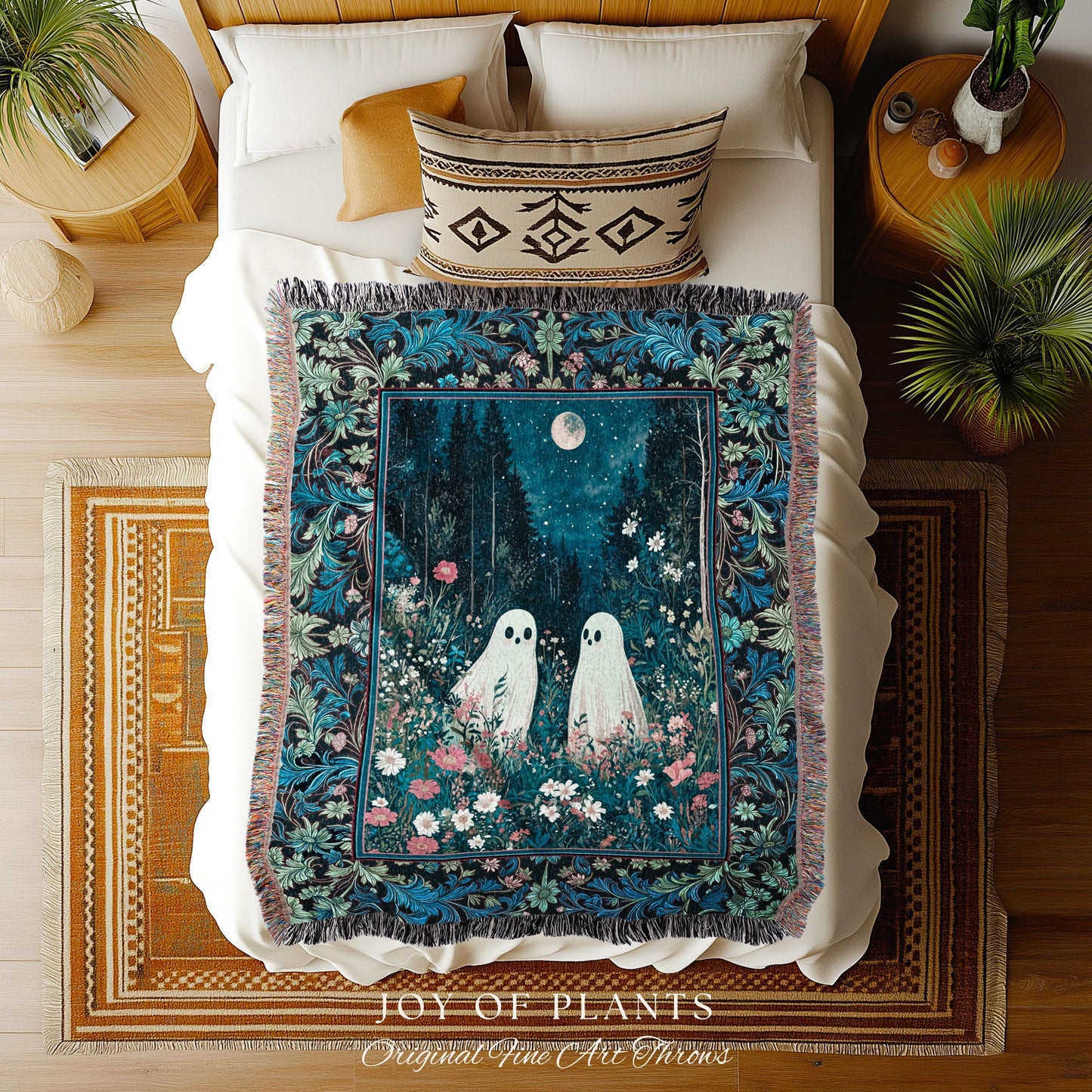 Moody Midnight Blue Ghosts Blanket | Woven Cottagecore Halloween Throw Floral Ghost Tapestry Cozy Fall Gothic Home Decor Moonlit Forest Art