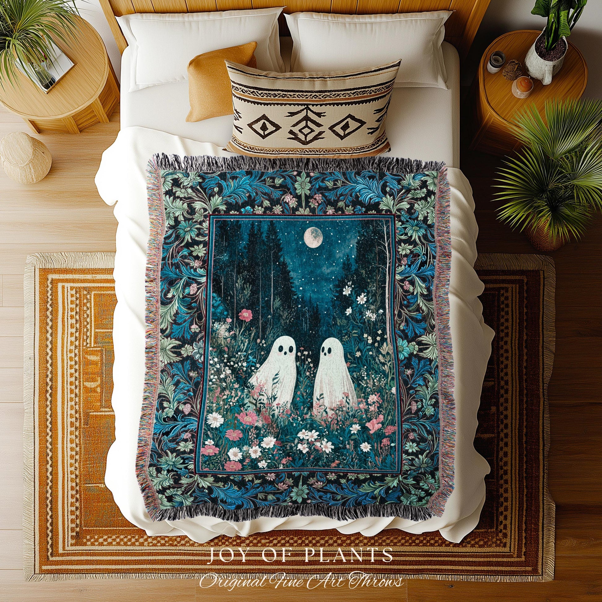 Moody Midnight Blue Ghosts Blanket | Woven Cottagecore Halloween Throw Floral Ghost Tapestry Cozy Fall Gothic Home Decor Moonlit Forest Art