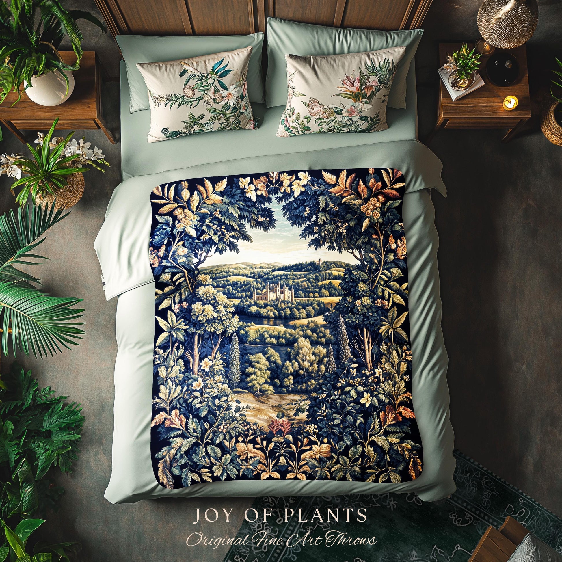 Elegant Rococo Landscape Botanical Coverlet | Romantic Victorian Elegance Medieval Gothic Fairytale Floral Throw Blanket Baroque Style |