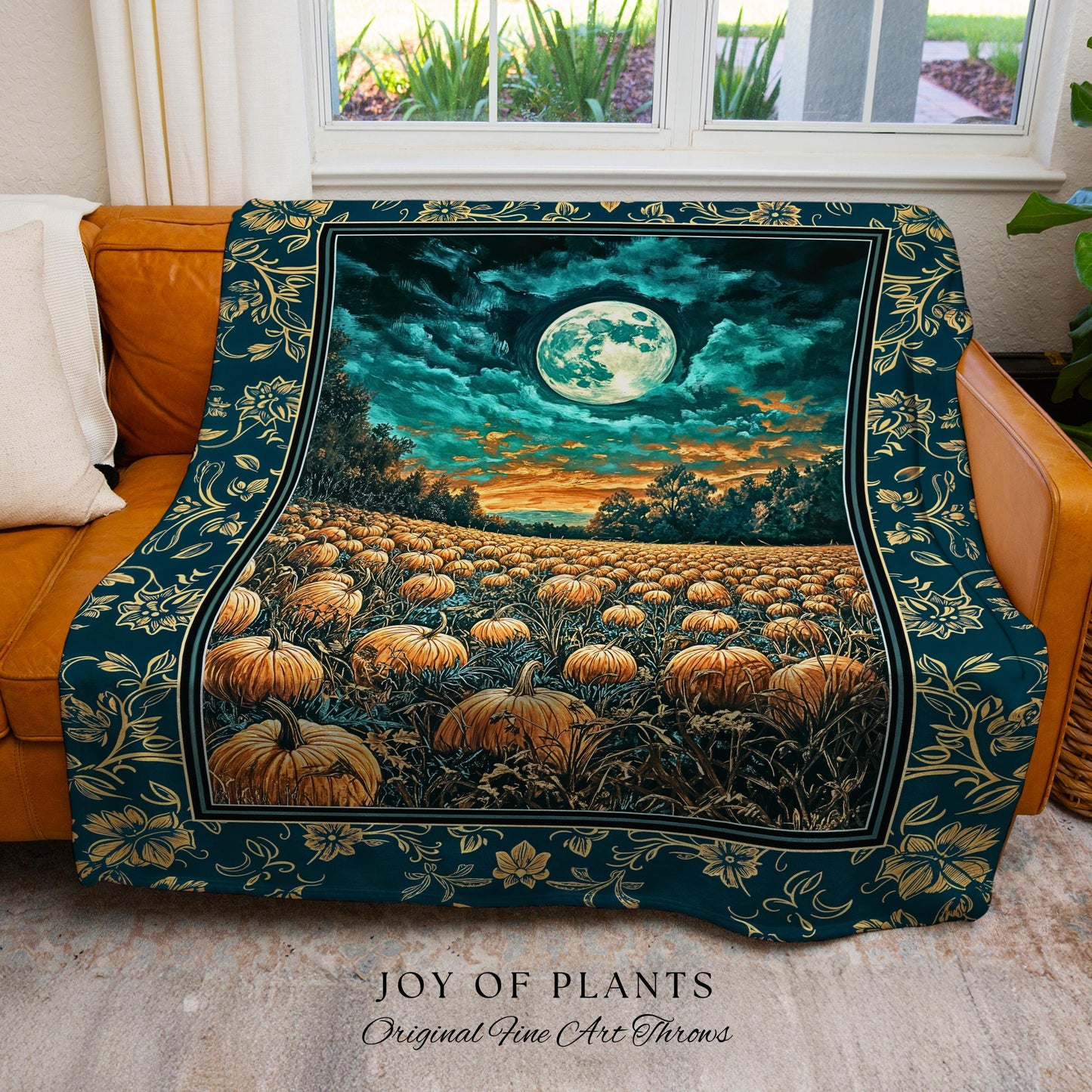 Full Moon Forest Woven Cozy Blanket | Moody Fall Aesthetic Pumpkin Wall Tapestry Whimsigoth Dark Academia Throw Cute Spooky Decor Rustic |