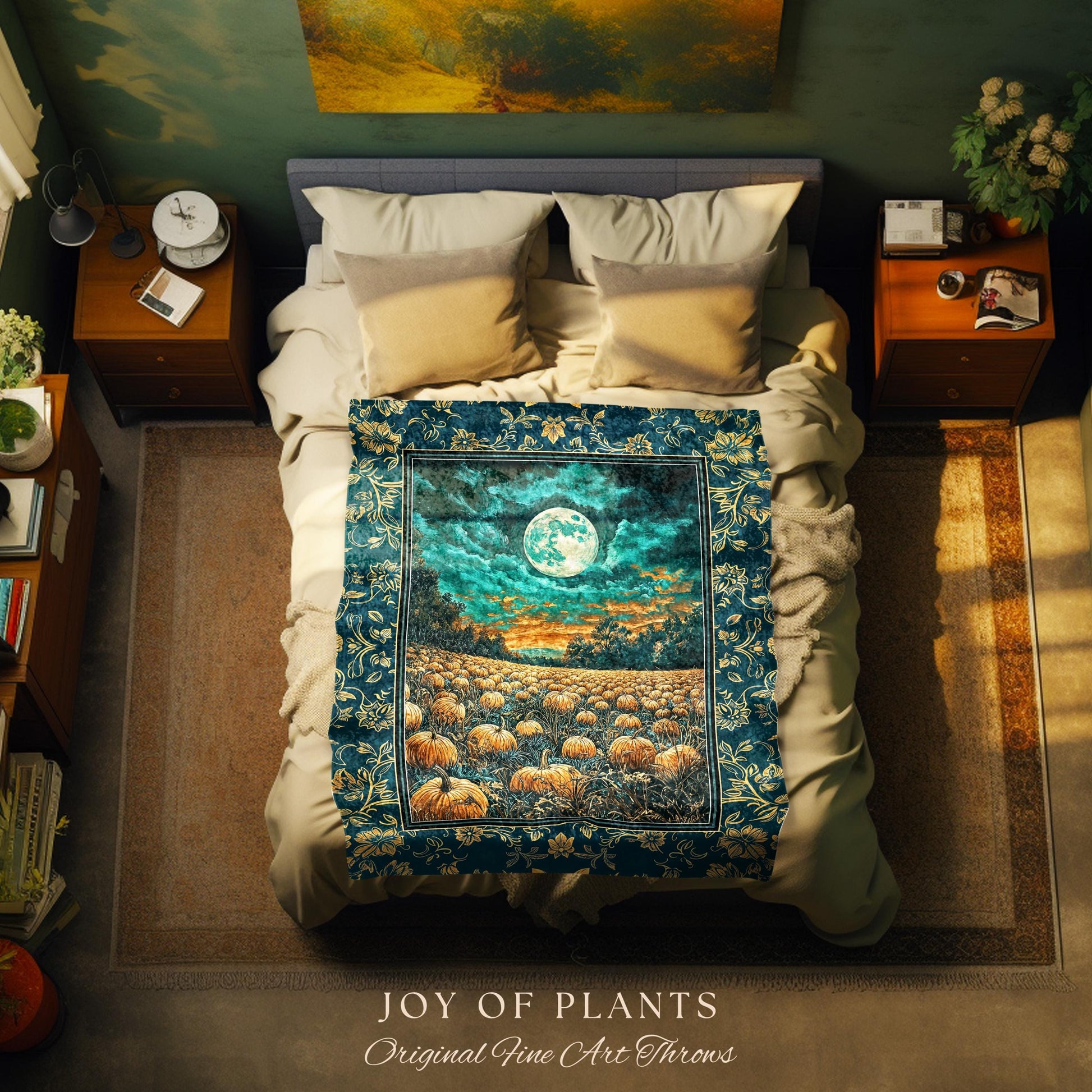 Full Moon Forest Woven Cozy Blanket | Moody Fall Aesthetic Pumpkin Wall Tapestry Whimsigoth Dark Academia Throw Cute Spooky Decor Rustic |