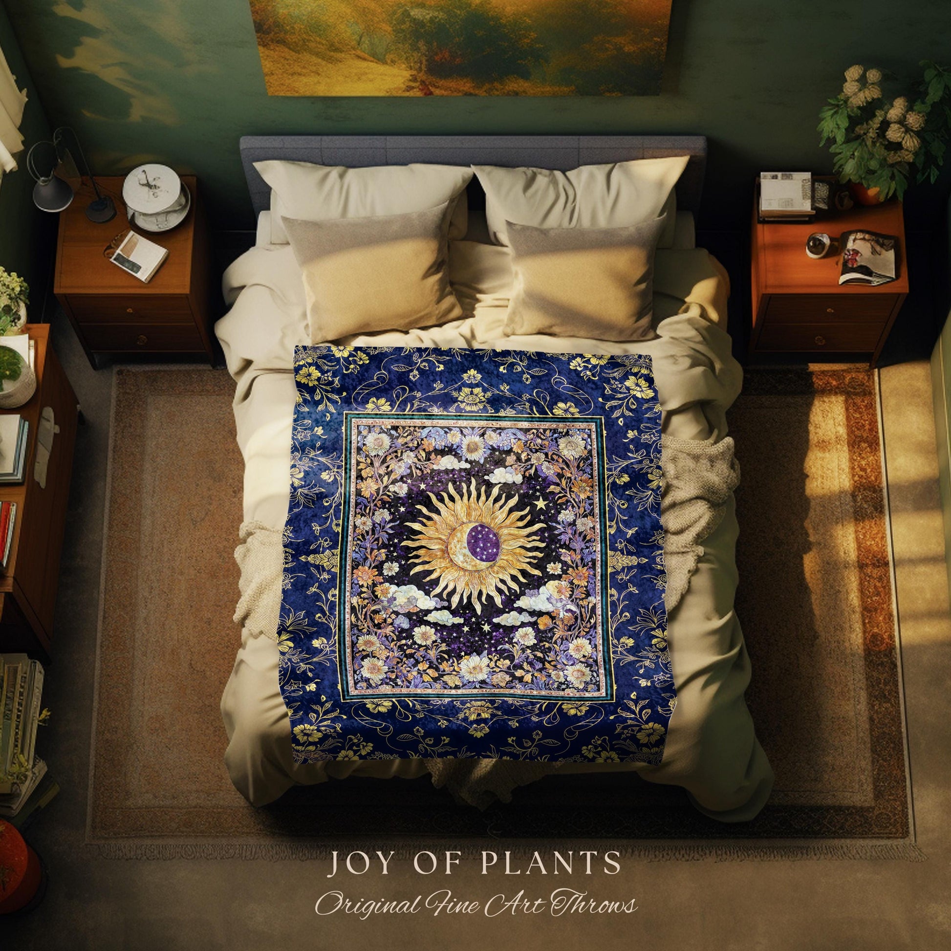 Cosmic Whimsy Fairycore Tapestry | Ethereal Sun Blanket Woven Throw Celestial Bedroom Floral Tarot Theme Sun and Moon Colorful Maximalist