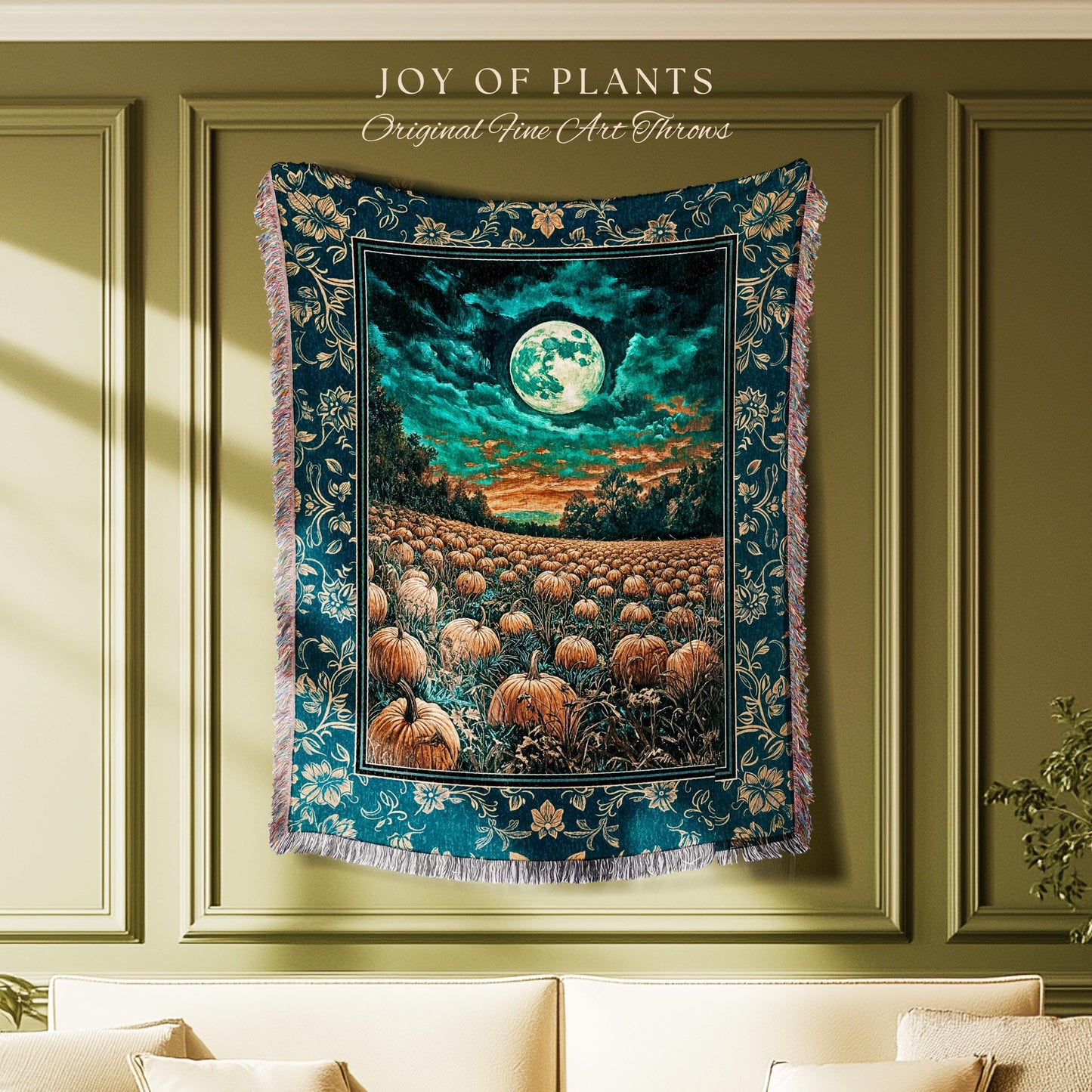Full Moon Forest Woven Cozy Blanket | Moody Fall Aesthetic Pumpkin Wall Tapestry Whimsigoth Dark Academia Throw Cute Spooky Decor Rustic |