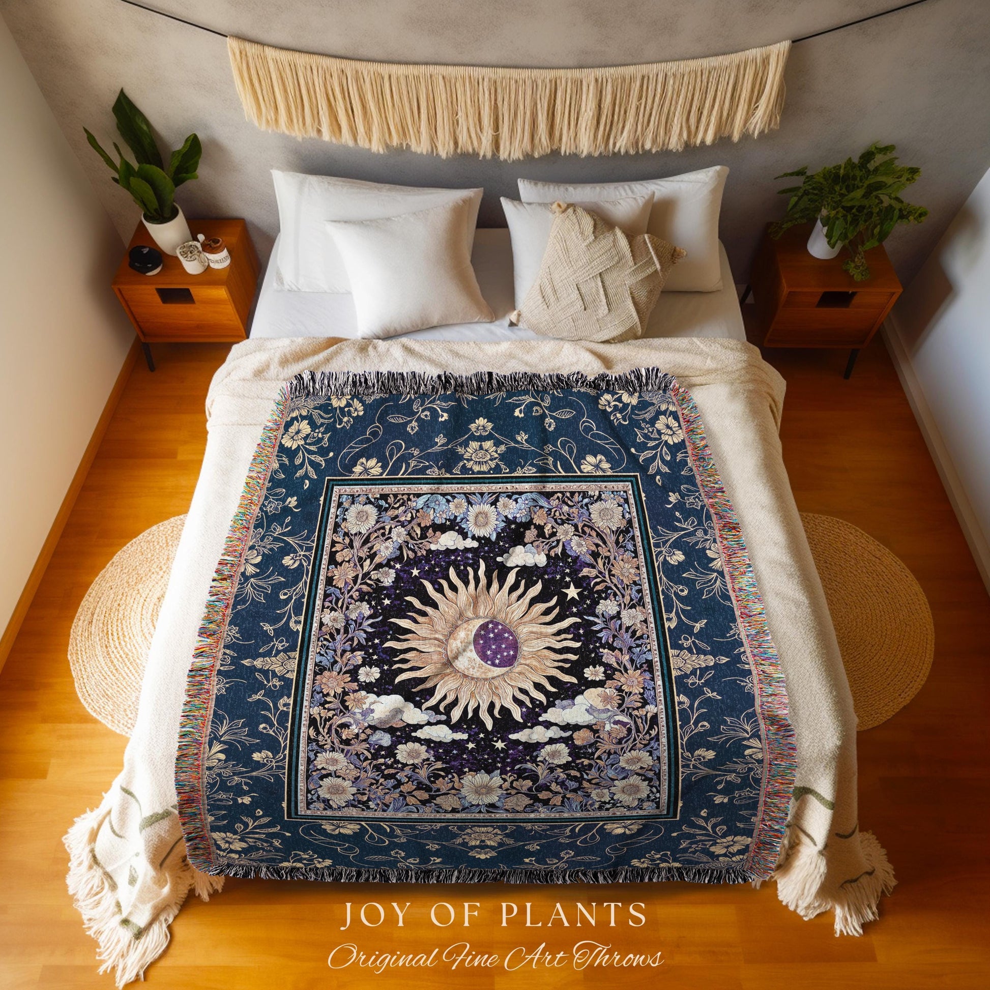 Cosmic Whimsy Fairycore Tapestry | Ethereal Sun Blanket Woven Throw Celestial Bedroom Floral Tarot Theme Sun and Moon Colorful Maximalist