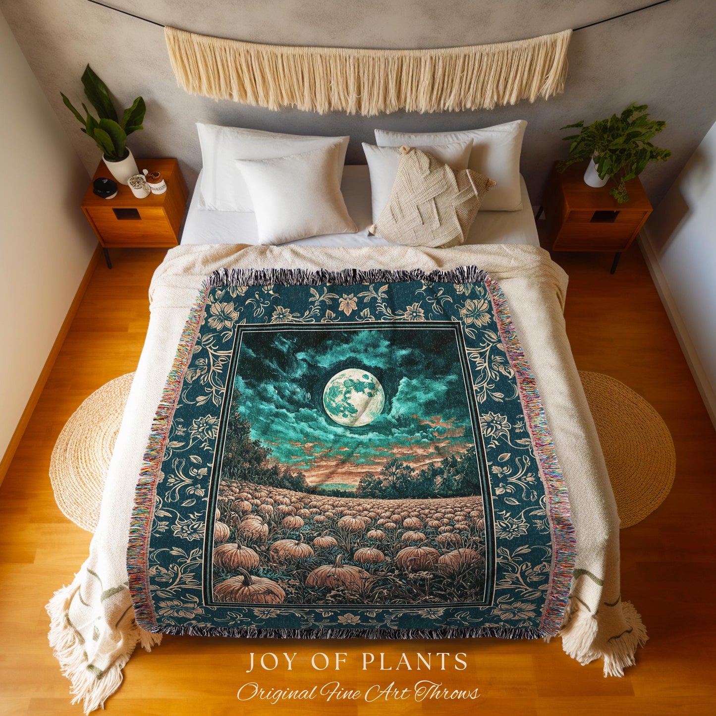 Full Moon Forest Woven Cozy Blanket | Moody Fall Aesthetic Pumpkin Wall Tapestry Whimsigoth Dark Academia Throw Cute Spooky Decor Rustic |