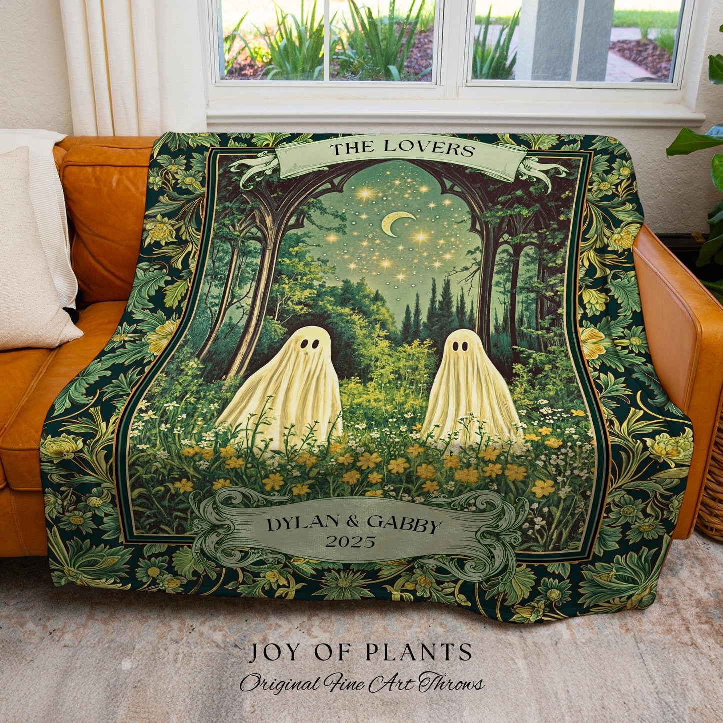 Celestial Ghost Lovers Custom Blanket | Spooky Romantic Sage Green Wedding Ethereal Witchy Aesthetic Moonlit Woven Tapestry Personalized |