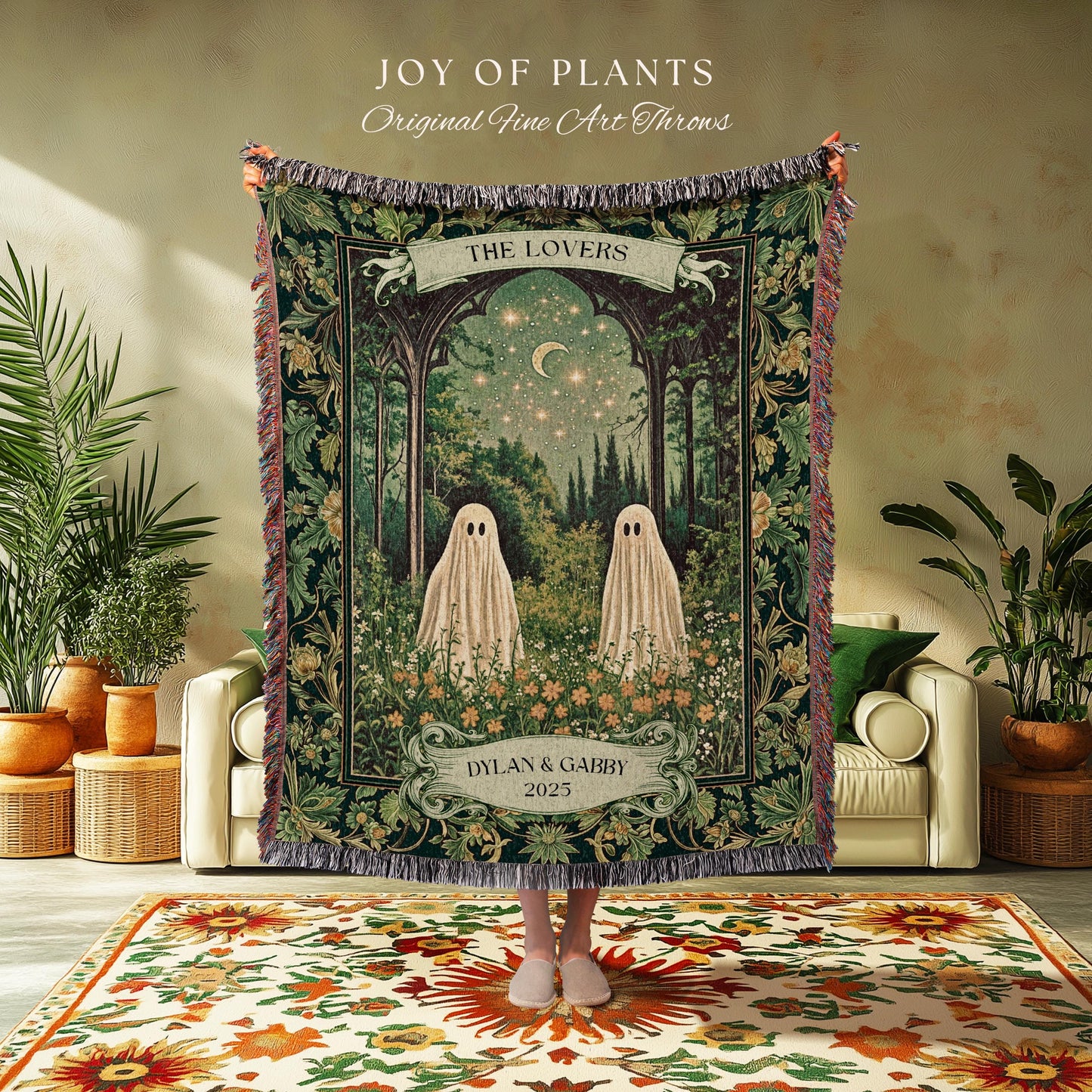 Celestial Ghost Lovers Custom Blanket | Spooky Romantic Sage Green Wedding Ethereal Witchy Aesthetic Moonlit Woven Tapestry Personalized |