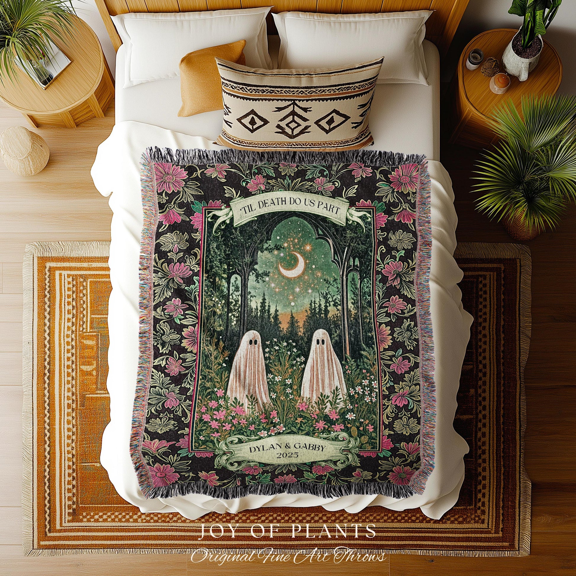 Mystic Moonlit Ghost Couple Custom Blanket | Gothic Cozy Aesthetic Spooky Wedding Gift His & Hers Halloween Spirits Personalized Names Throw