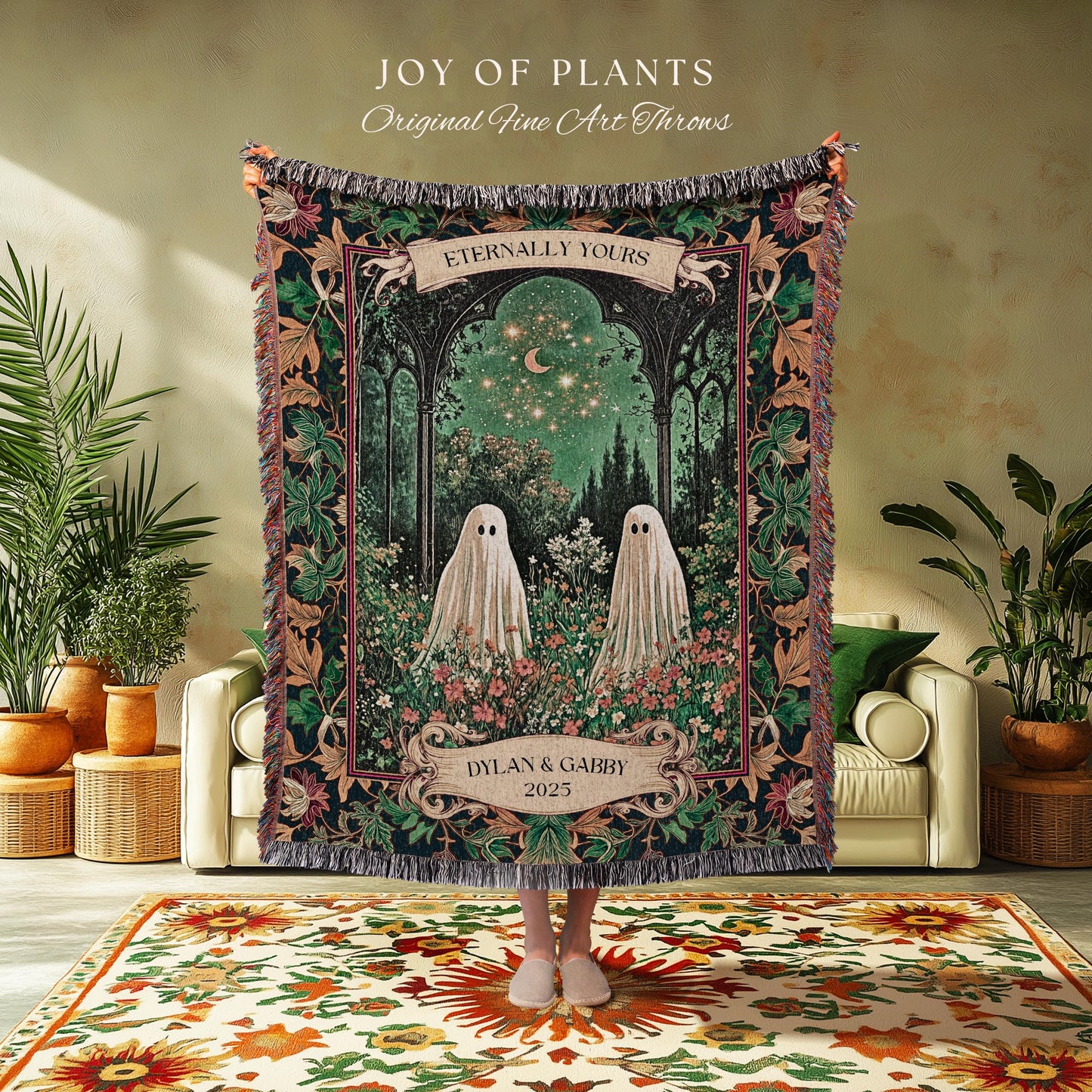 Ghost Couple Starlit Custom Tapestry | Cottagecore Floral Blanket Celestial Ghost Decor Gothic Enchanted Autumn Wedding Magical Personalized