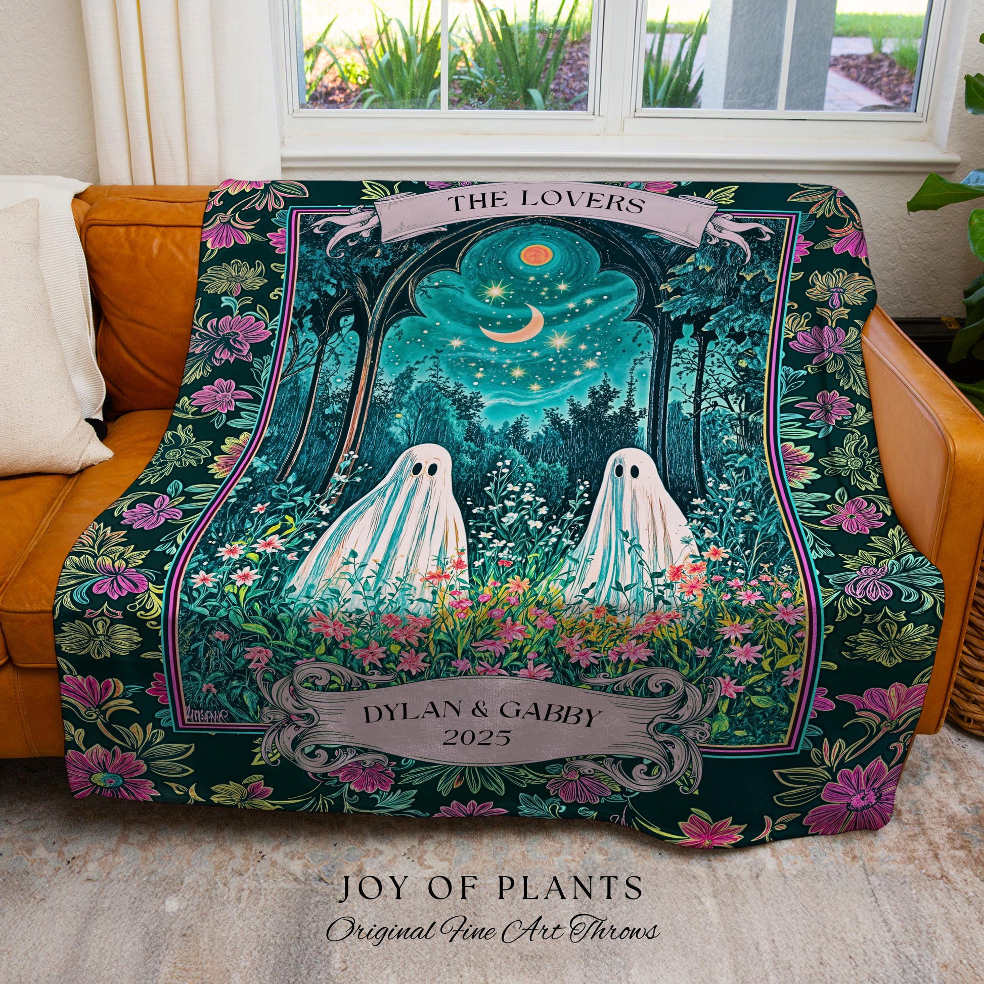 Witchy Ghost Friends Custom Tapestry | Floral Garden Cozy Couple Blanket Cottage Accent Ghost Lovers Celestial Autumn Whimsy Aesthetic Gift