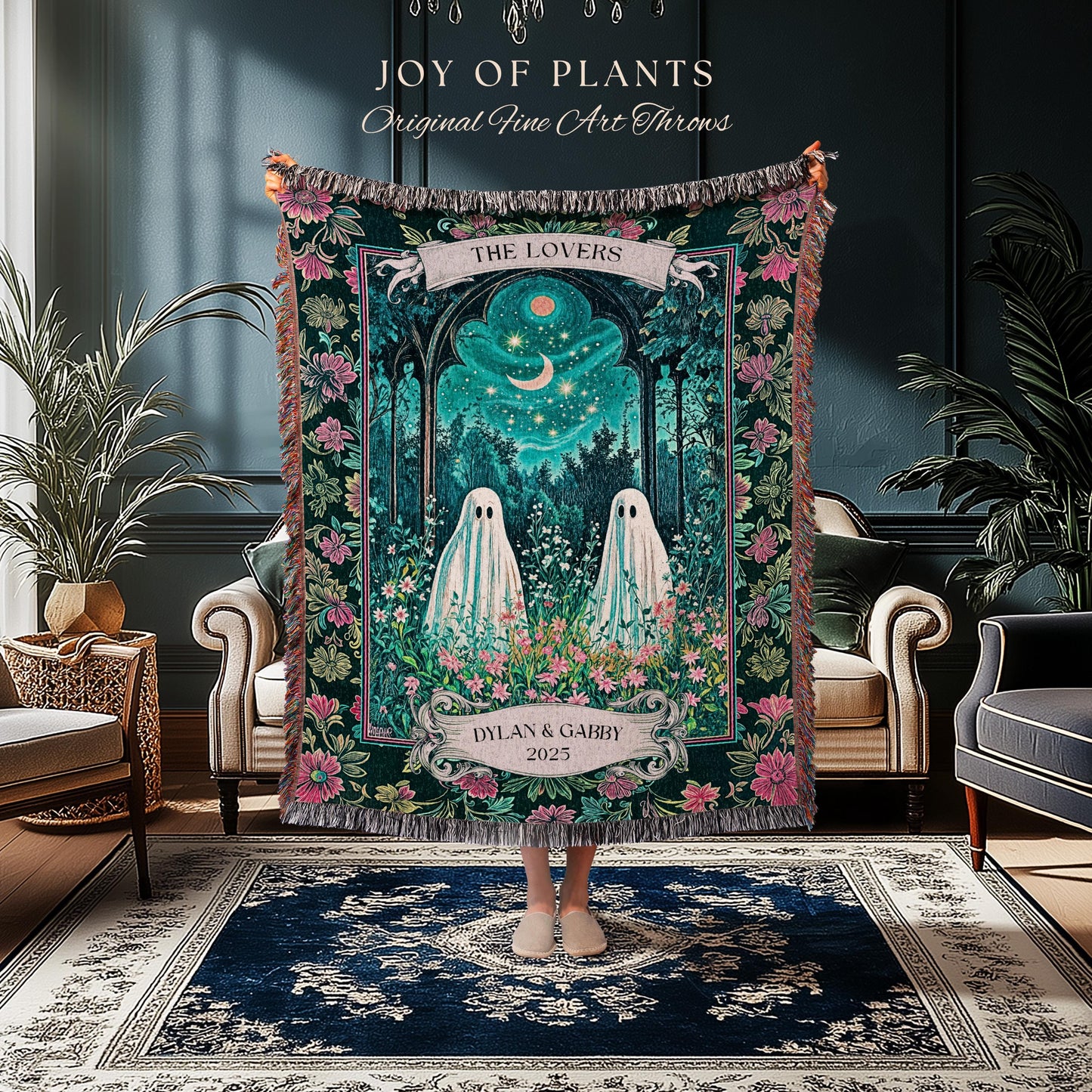 Witchy Ghost Friends Custom Tapestry | Floral Garden Cozy Couple Blanket Cottage Accent Ghost Lovers Celestial Autumn Whimsy Aesthetic Gift