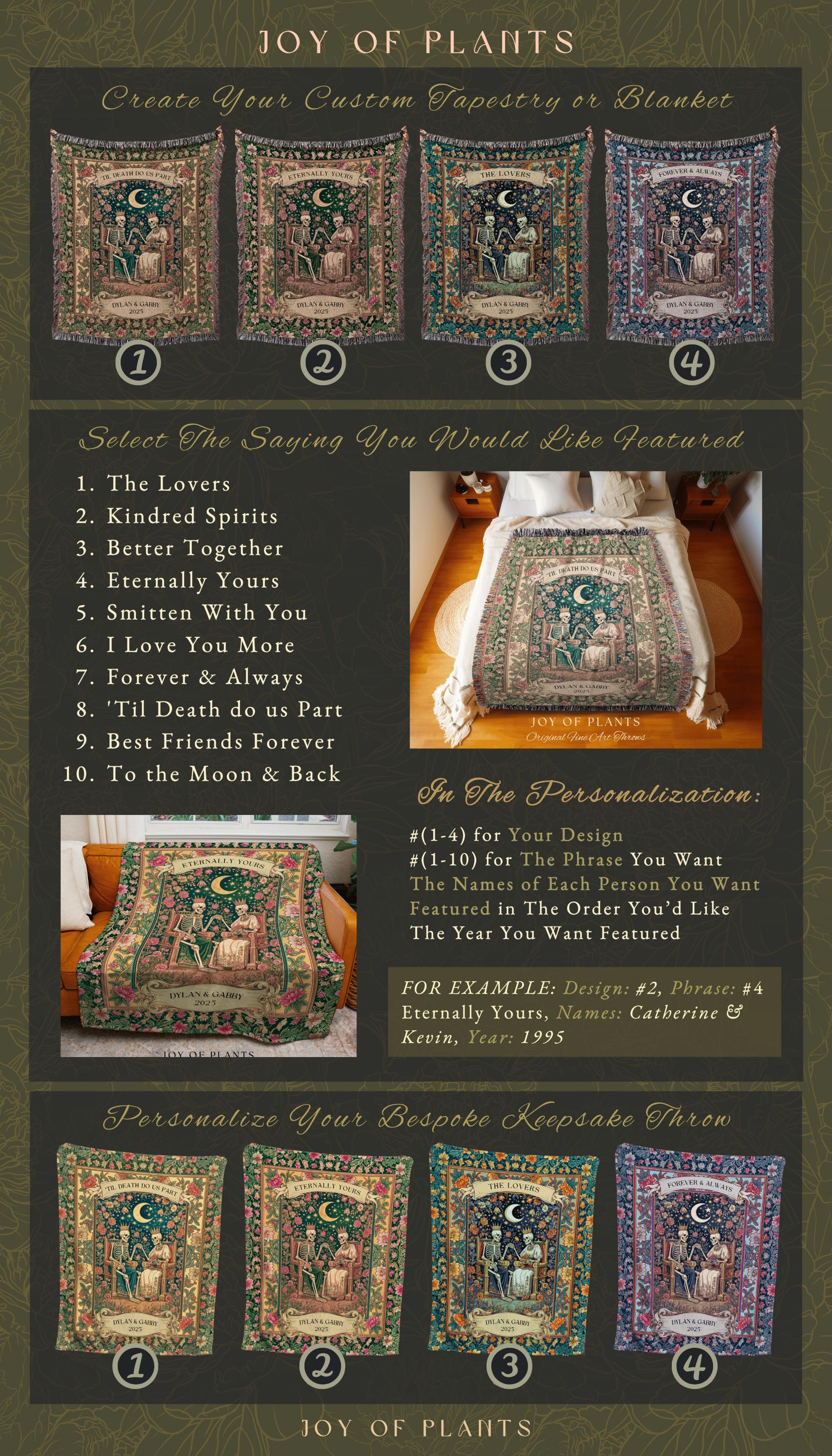 Enchanted Lovers Anniversary Blanket | Custom Gothic Woven Throw Personalized Romantic Wedding Anniversary Gift Cozy Floral Skeleton Couple