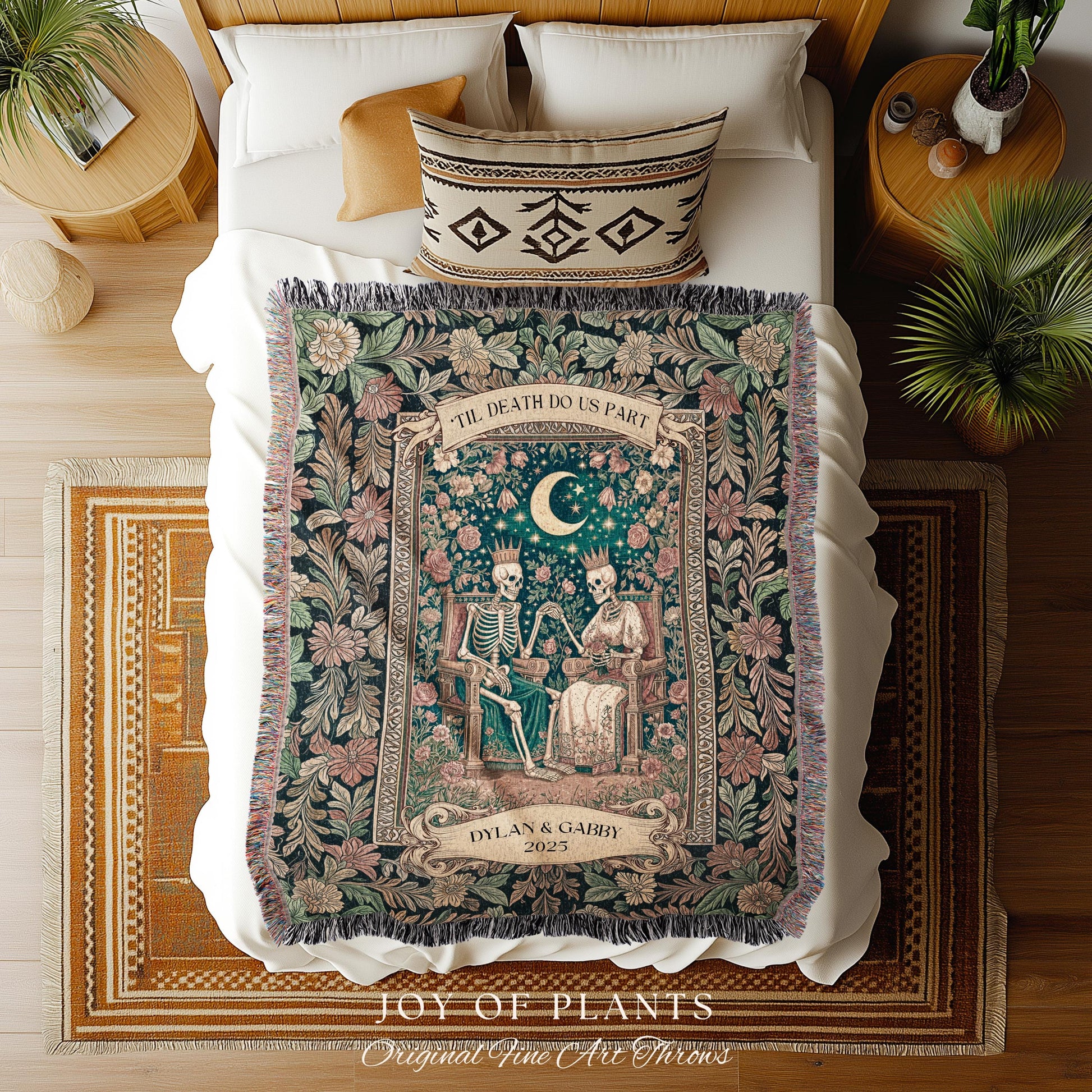 Custom Regal Skeleton Couple Throw Blanket | Celestial Personalized Gothic Lovers Keepsake Whimsigoth Floral Theme Baroque Dark Academia |