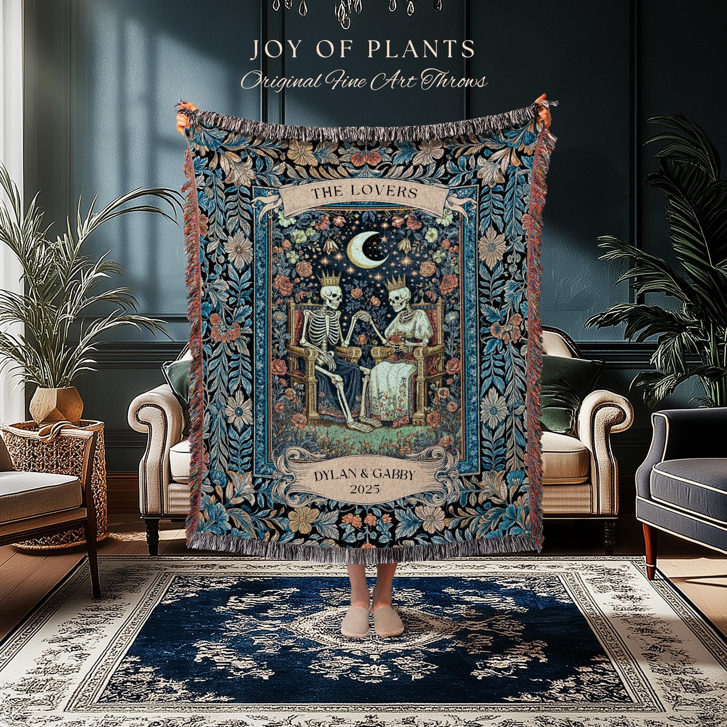 Moonlit Skeleton Lovers Throw Blanket | Whimsigoth Personalized Gothic Romance Celestial Aesthetic Gift Cozy Custom Names Anniversary Floral