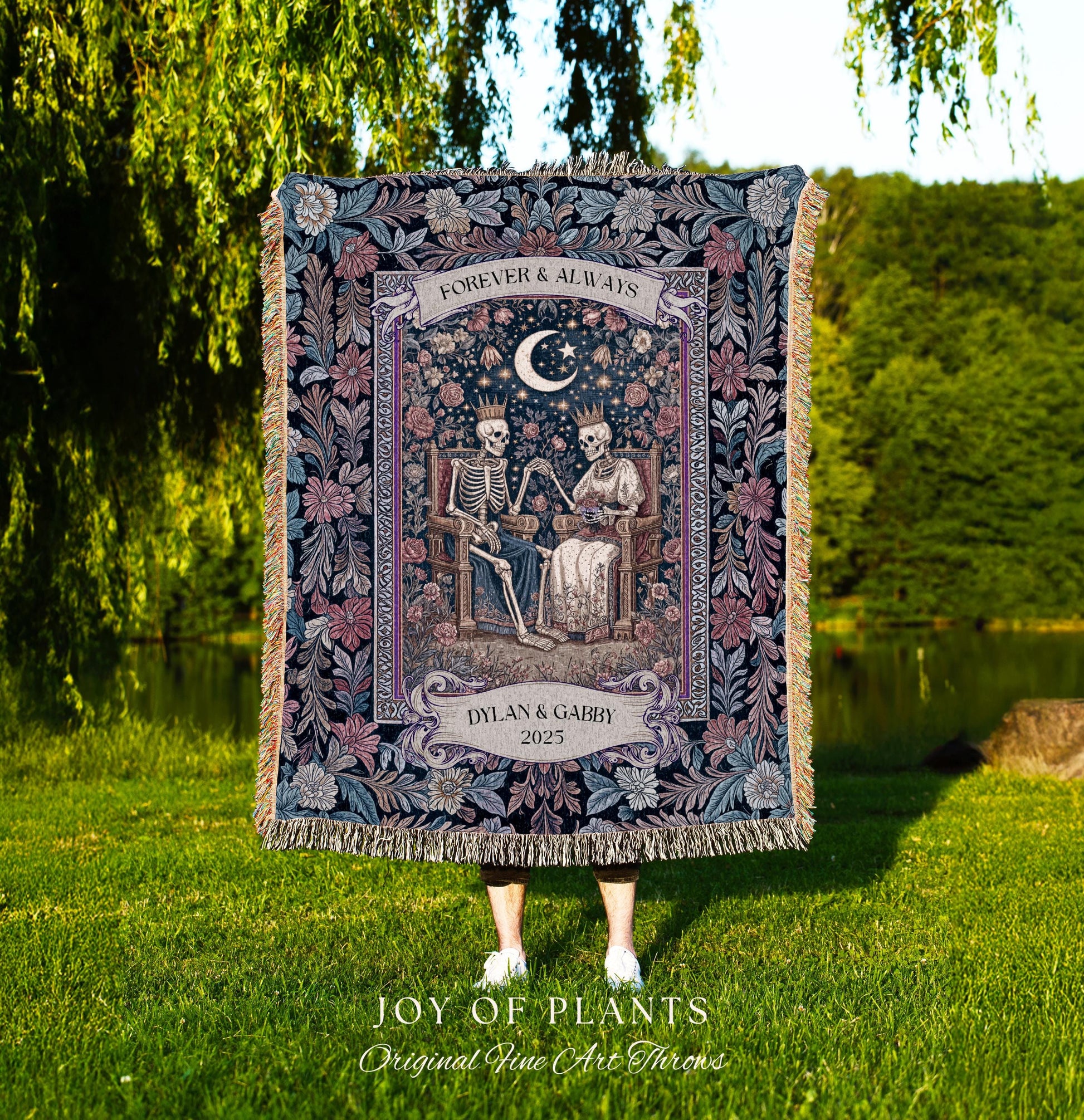 Spooky King & Queen Custom Skeleton Blanket | Witchy Wedding Personalized Names Goth Throne Baroque Gift Whimsigoth Aesthetic Purple Florals