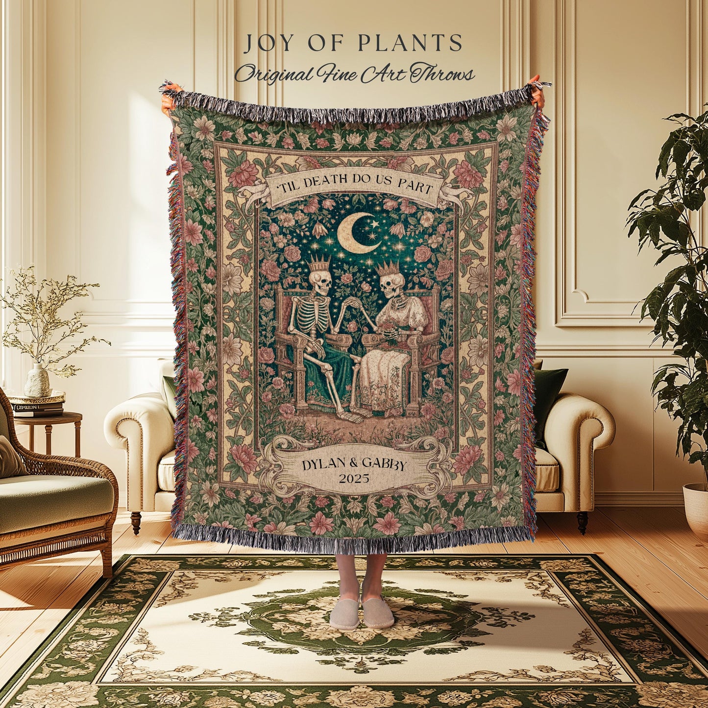 Enchanted Lovers Anniversary Blanket | Custom Gothic Woven Throw Personalized Romantic Wedding Anniversary Gift Cozy Floral Skeleton Couple