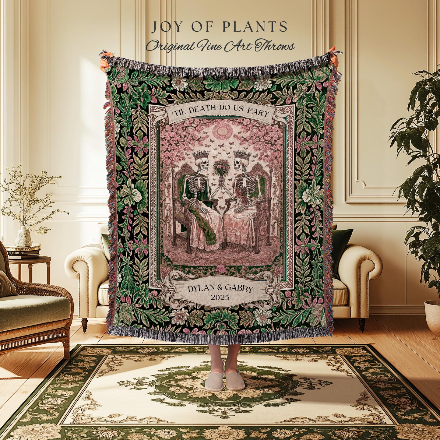 Pastel Botanical Skeleton Lovers Throw | Personalized Anniversary Blanket Custom Gift for Husband and Wife Sentimental Goth Couple Tapestry