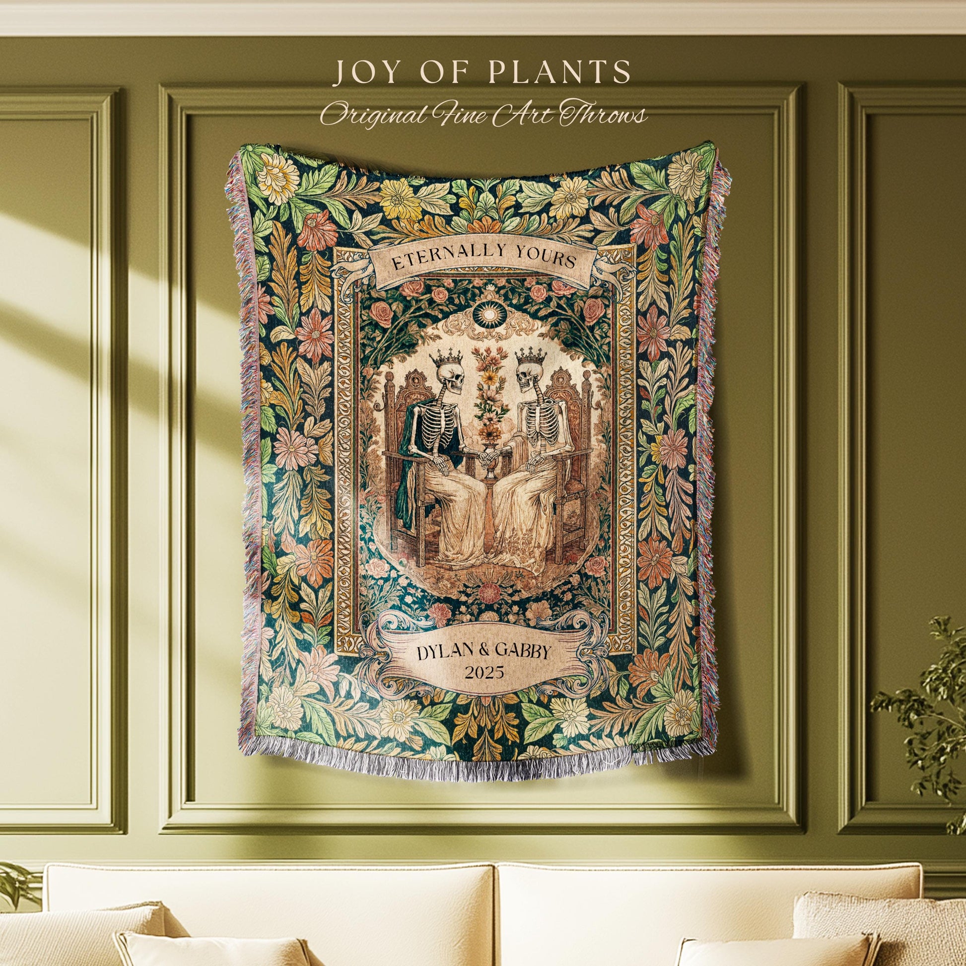 Whimsical Skeleton Lovers Woven Tapestry | Personalized Couple Name Tapestry Custom Gothic Wedding Keepsake for Partner Floral Til Death |