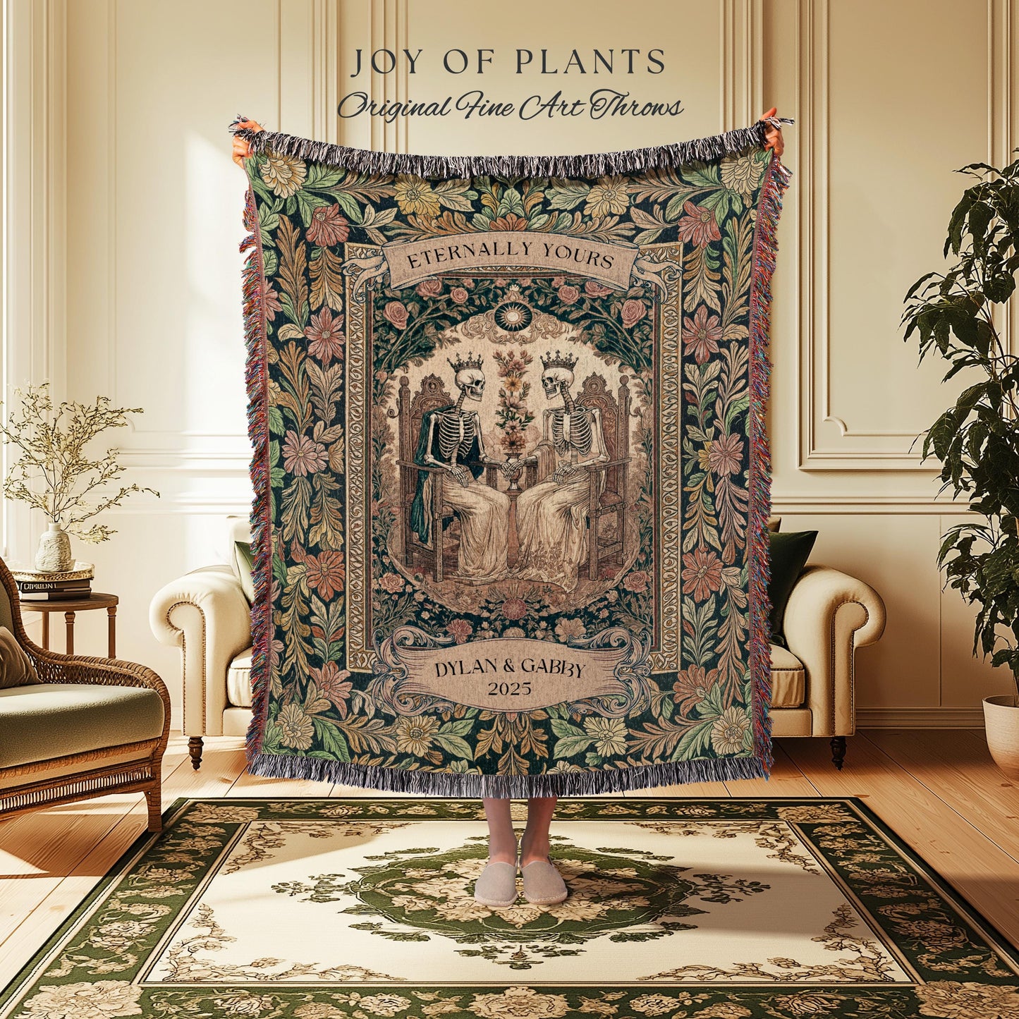 Whimsical Skeleton Lovers Woven Tapestry | Personalized Couple Name Tapestry Custom Gothic Wedding Keepsake for Partner Floral Til Death |