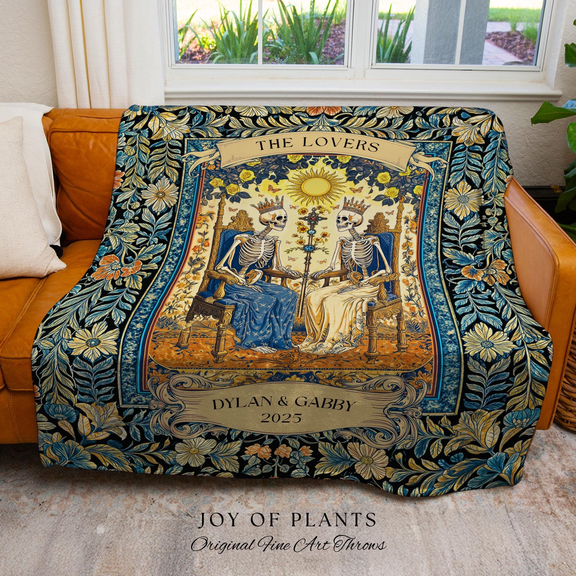 The Lovers Custom Skeleton Couple Blanket | Personalized Anniversary Gift Custom Gothic Throw for Couple Romantic Woven Tapestry with Names