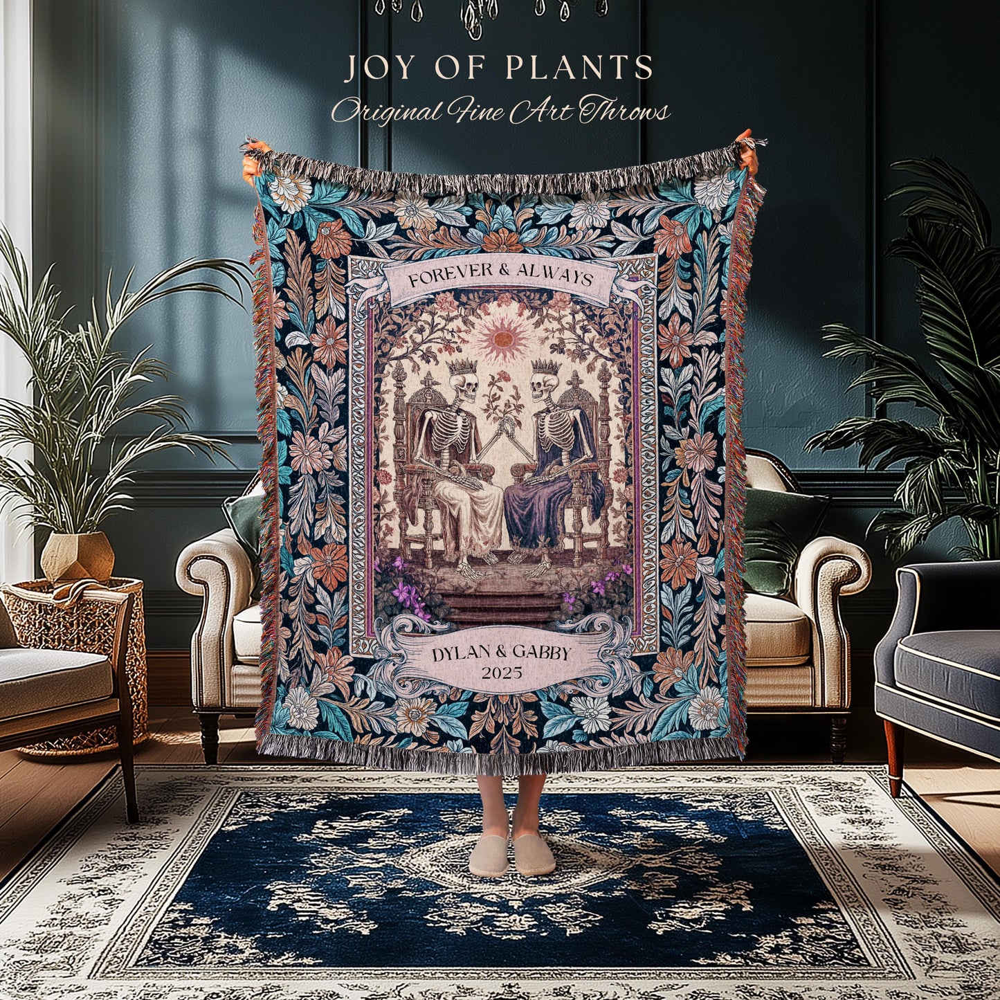 Til Death Do Us Part Skeleton Name Blanket | Pastel Aesthetic Custom Gothic Tapestry Personalized Anniversary Throw Gift Wife Sentimental |