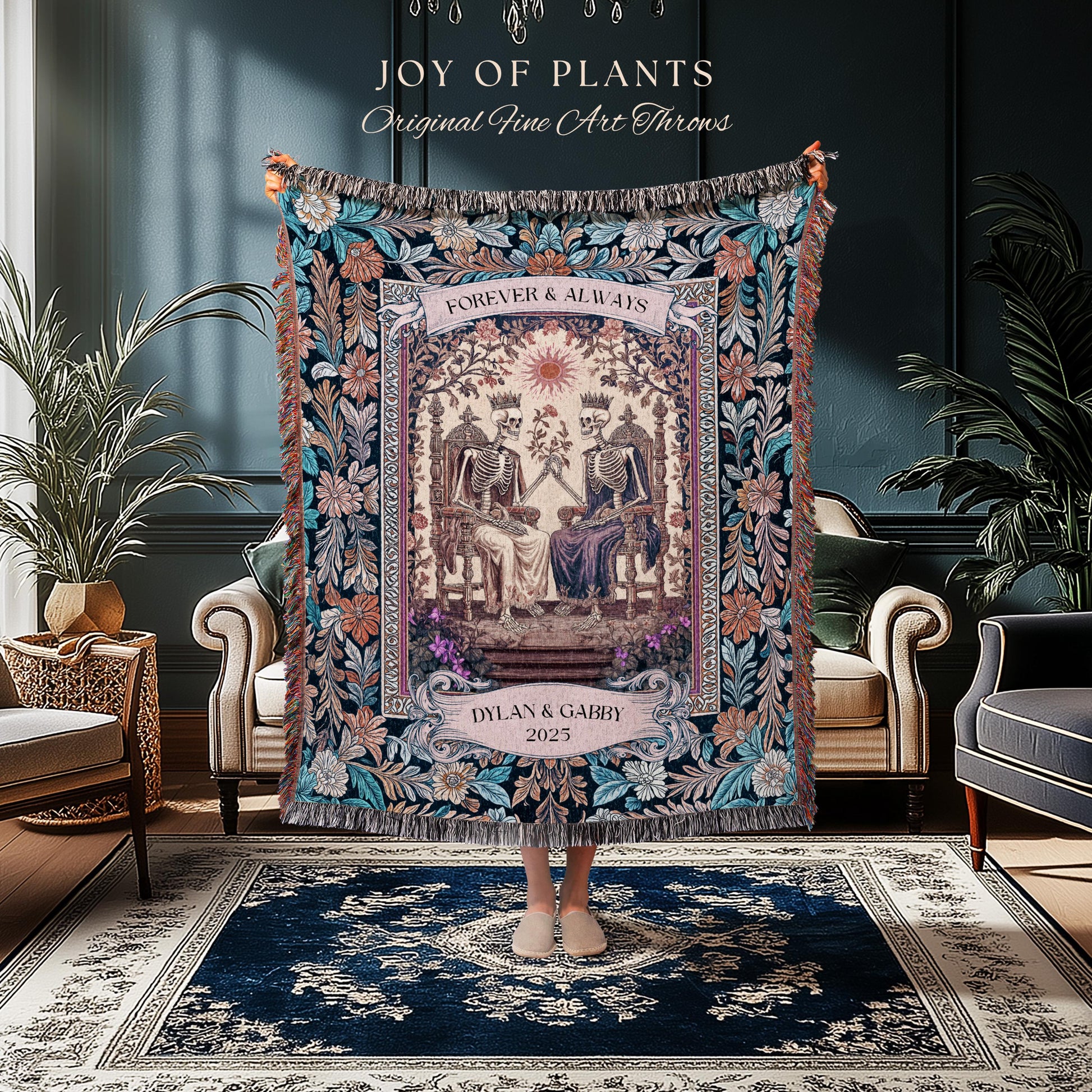 Til Death Do Us Part Skeleton Name Blanket | Pastel Aesthetic Custom Gothic Tapestry Personalized Anniversary Throw Gift Wife Sentimental |