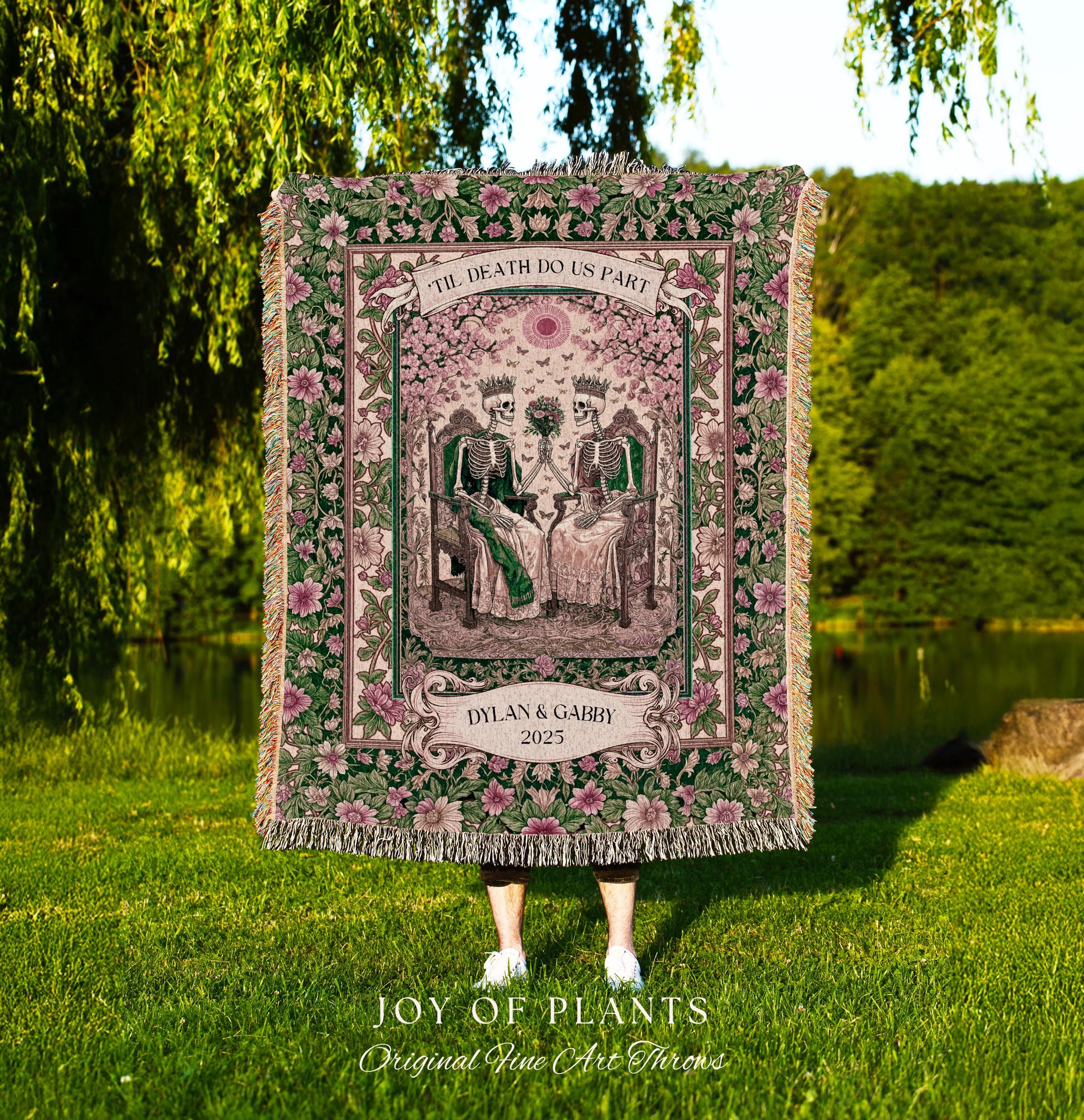 Botanical Gothic Custom Skeleton Blanket | Personalized Anniversary Gift for Wife Witchy Wedding Throw Spooky Couple Tapestry with Names