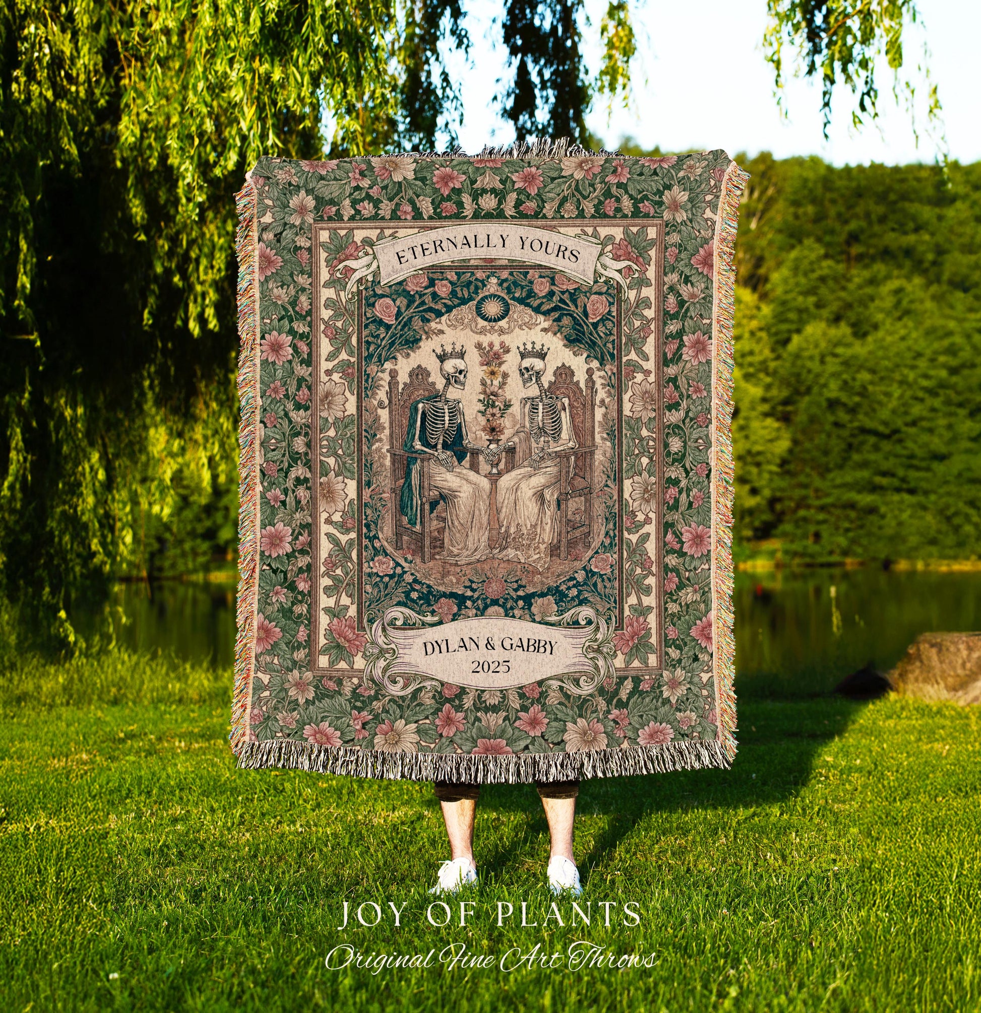 Cozy Skeleton Lovers Til Death Blanket | Custom Anniversary Tapestry Personalized Gift Dark Romantic Baroque Couple Cute Floral Woven Throw