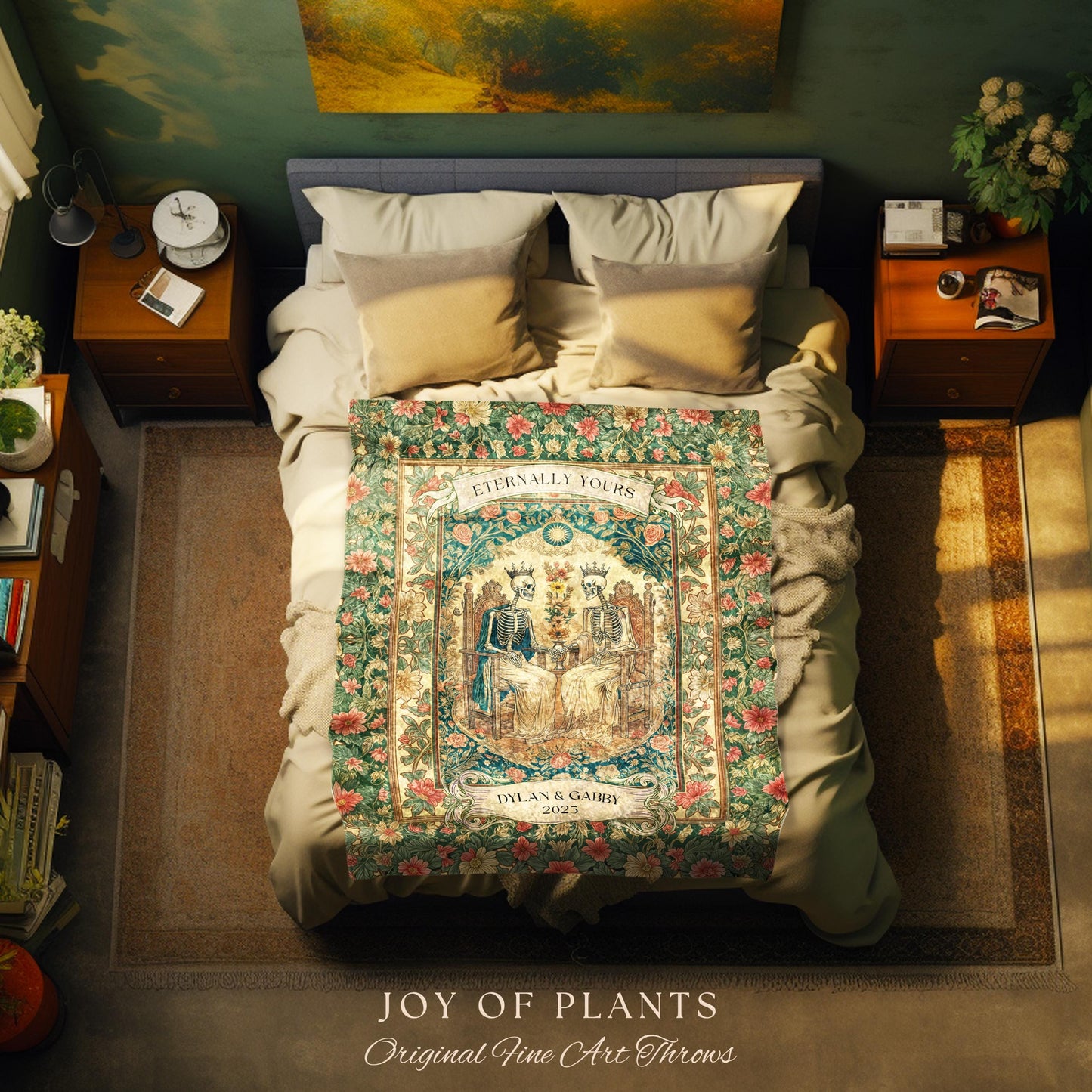 Cozy Skeleton Lovers Til Death Blanket | Custom Anniversary Tapestry Personalized Gift Dark Romantic Baroque Couple Cute Floral Woven Throw