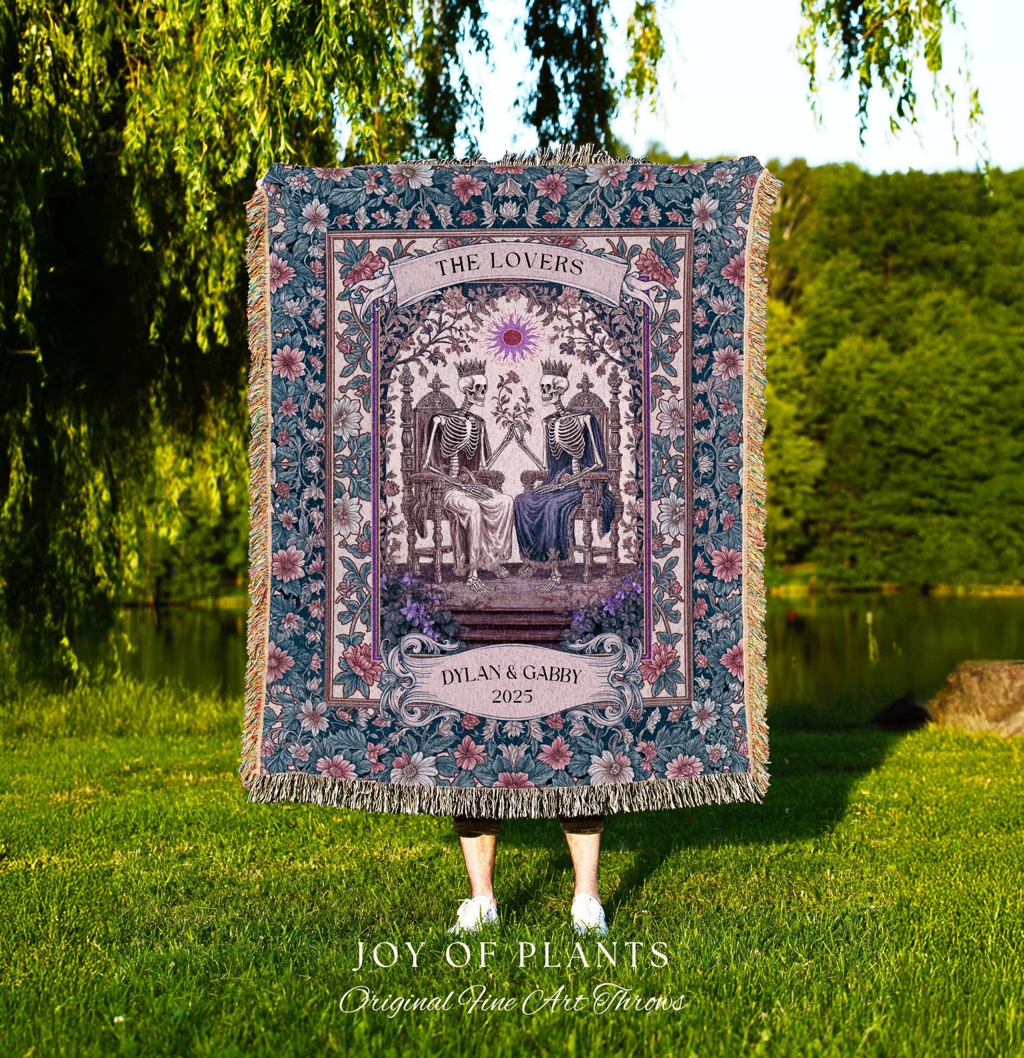 Rustic Pastel Floral Couple Blanket Custom | Witchy Personalized Skeleton Lovers Sentimental Wedding Throw Gothic Anniversary Gift Baroque