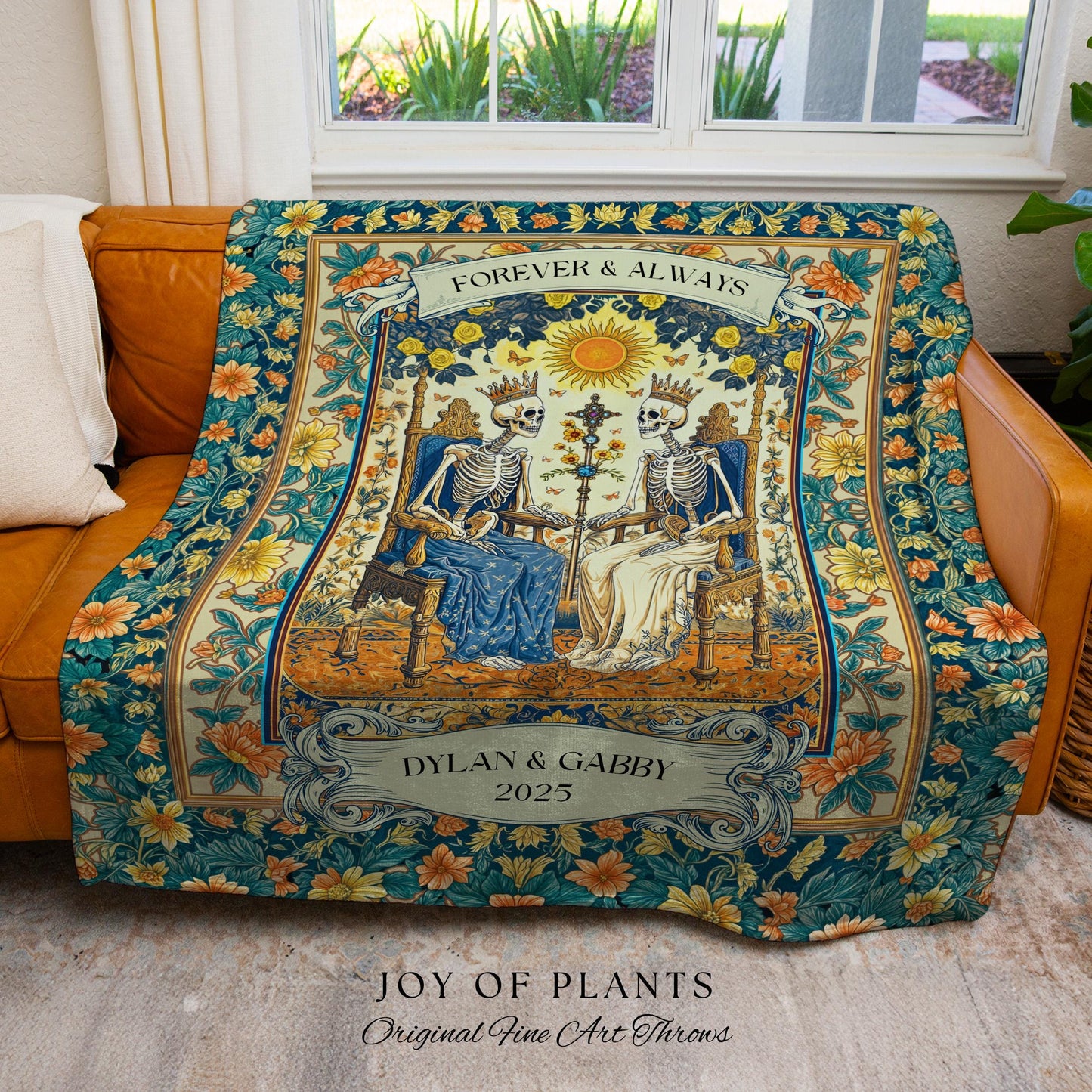 The Lovers Tarot Couple Custom Blanket | Personalized Anniversary Gift Skeletons Cute Tapestry Romantic Dark Floral Wedding Throw Celestial