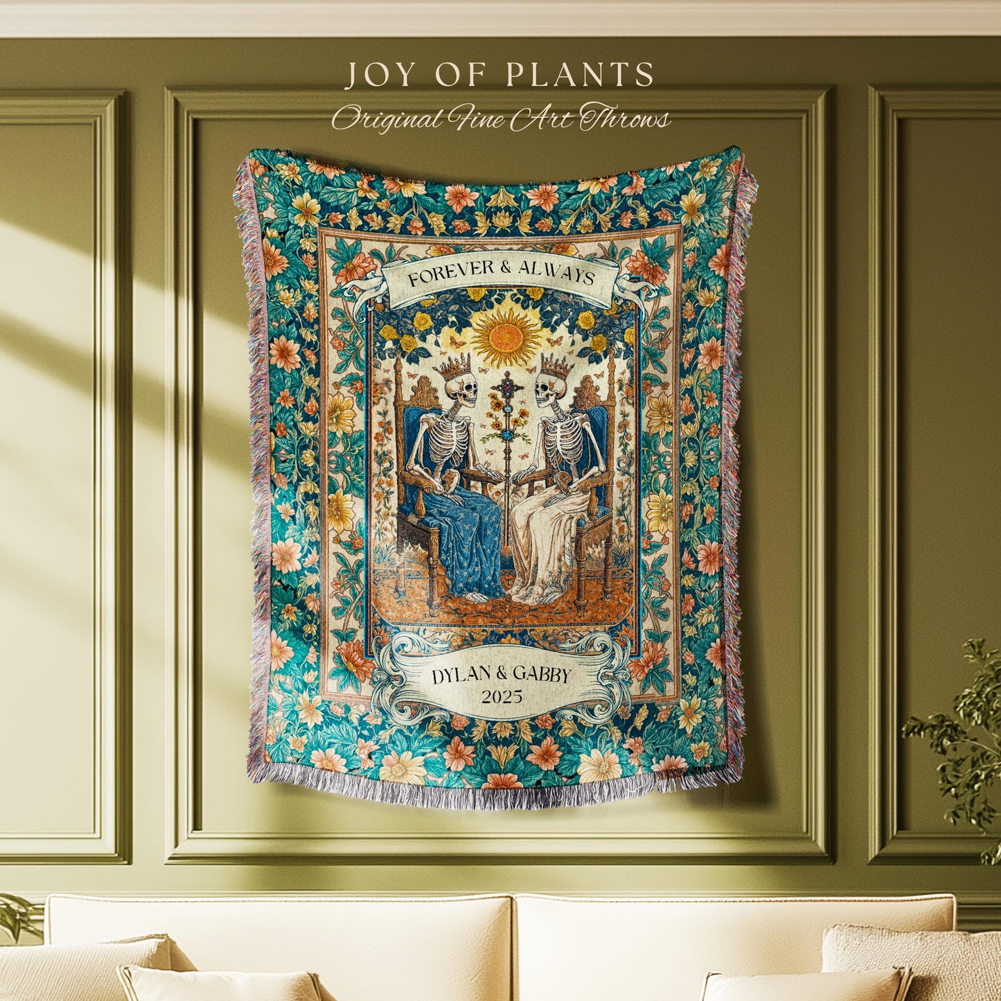 The Lovers Tarot Couple Custom Blanket | Personalized Anniversary Gift Skeletons Cute Tapestry Romantic Dark Floral Wedding Throw Celestial