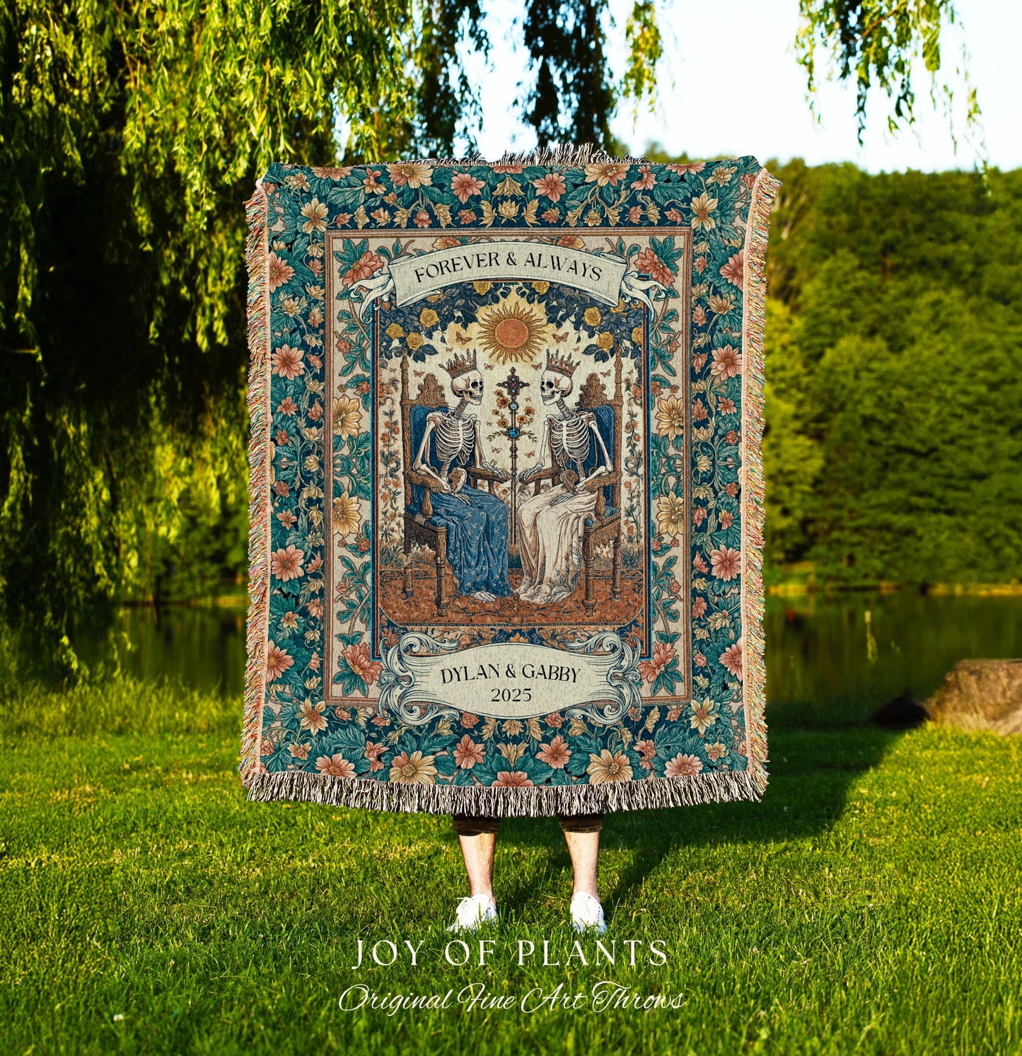The Lovers Tarot Couple Custom Blanket | Personalized Anniversary Gift Skeletons Cute Tapestry Romantic Dark Floral Wedding Throw Celestial