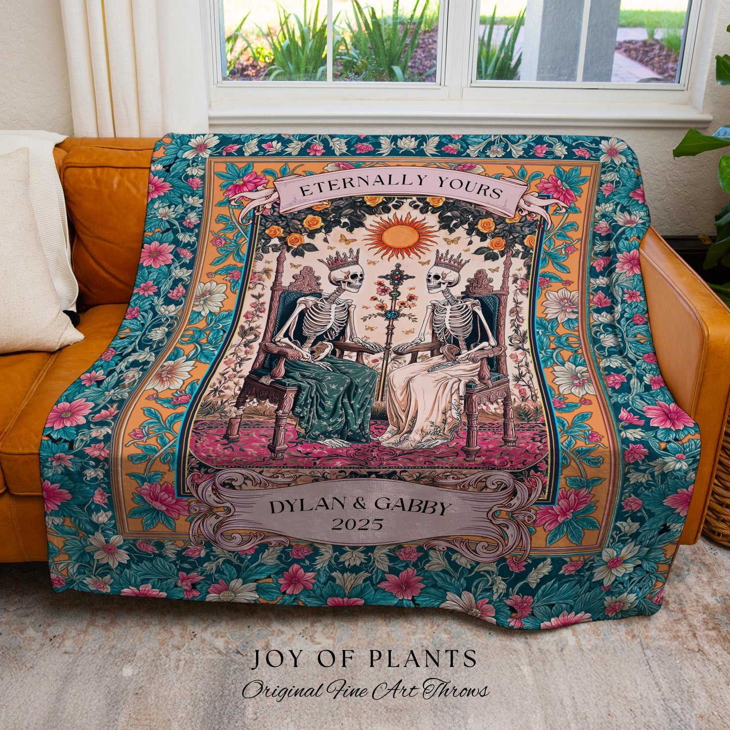 Eternally Yours Royal Skeleton Lovers Blanket | Personalized Gothic Wedding Throw Cozy Anniversary Blanket with Couple Names Tarot Aesthetic