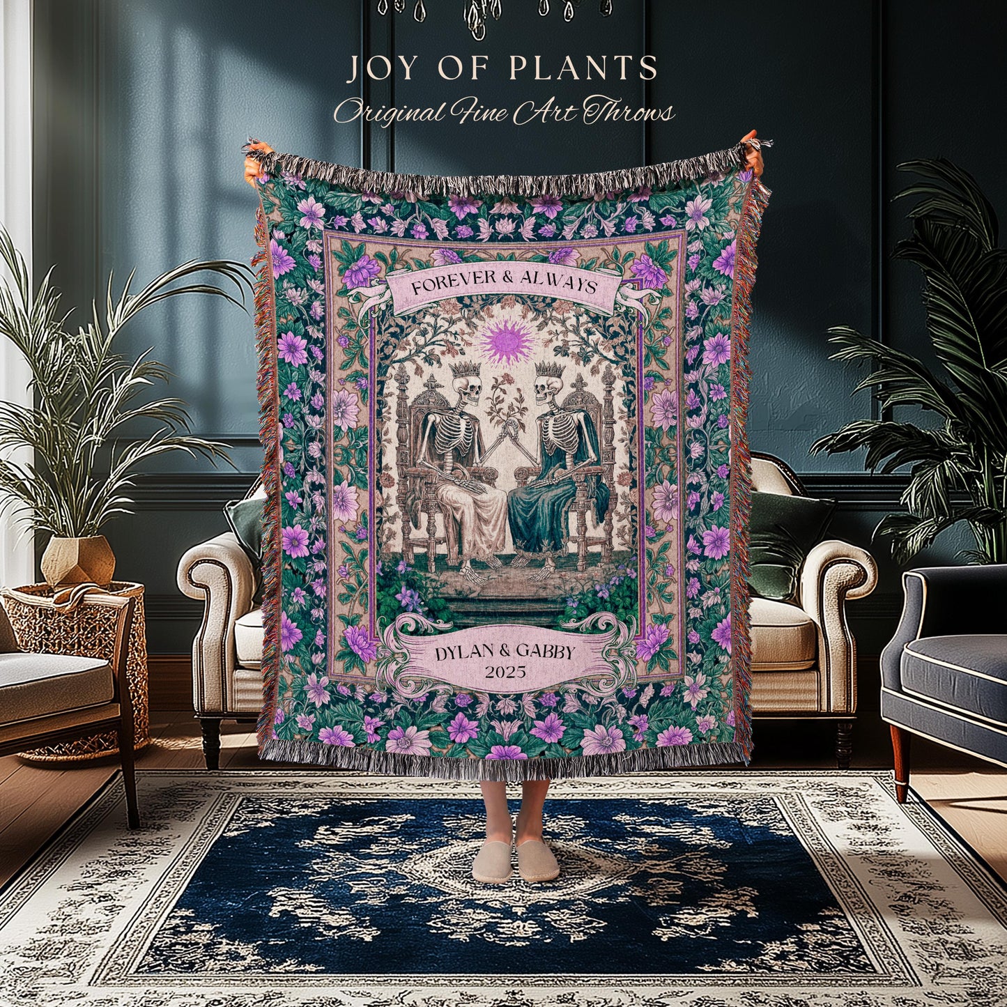 Skeleton Wedding Custom Couple Blanket | The Lovers Tarot Throw Cozy Anniversary Gift Personalized Tapestry Baroque Romantic Gift for Goths