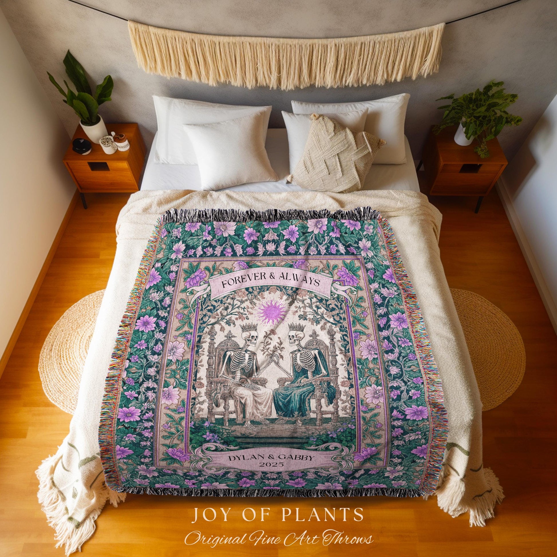 Skeleton Wedding Custom Couple Blanket | The Lovers Tarot Throw Cozy Anniversary Gift Personalized Tapestry Baroque Romantic Gift for Goths