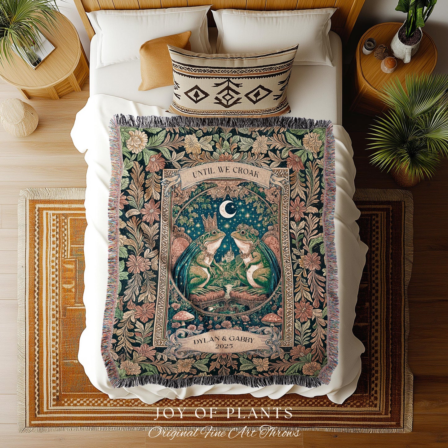 Toad Lovers Celestial Blanket Personalized | Cottagecore Frog Couple Anniversary Custom Names Woven Throw Gift for Partner Romantic Witchy