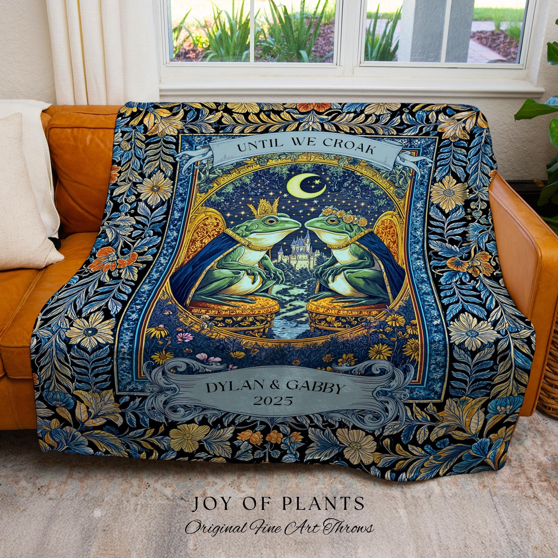 Celestial Frog Couple Custom Blanket | Starry Night Woven Throw Personalized Anniversary Toad Lovers Tapestry Cottagecore Gift Moody Florals
