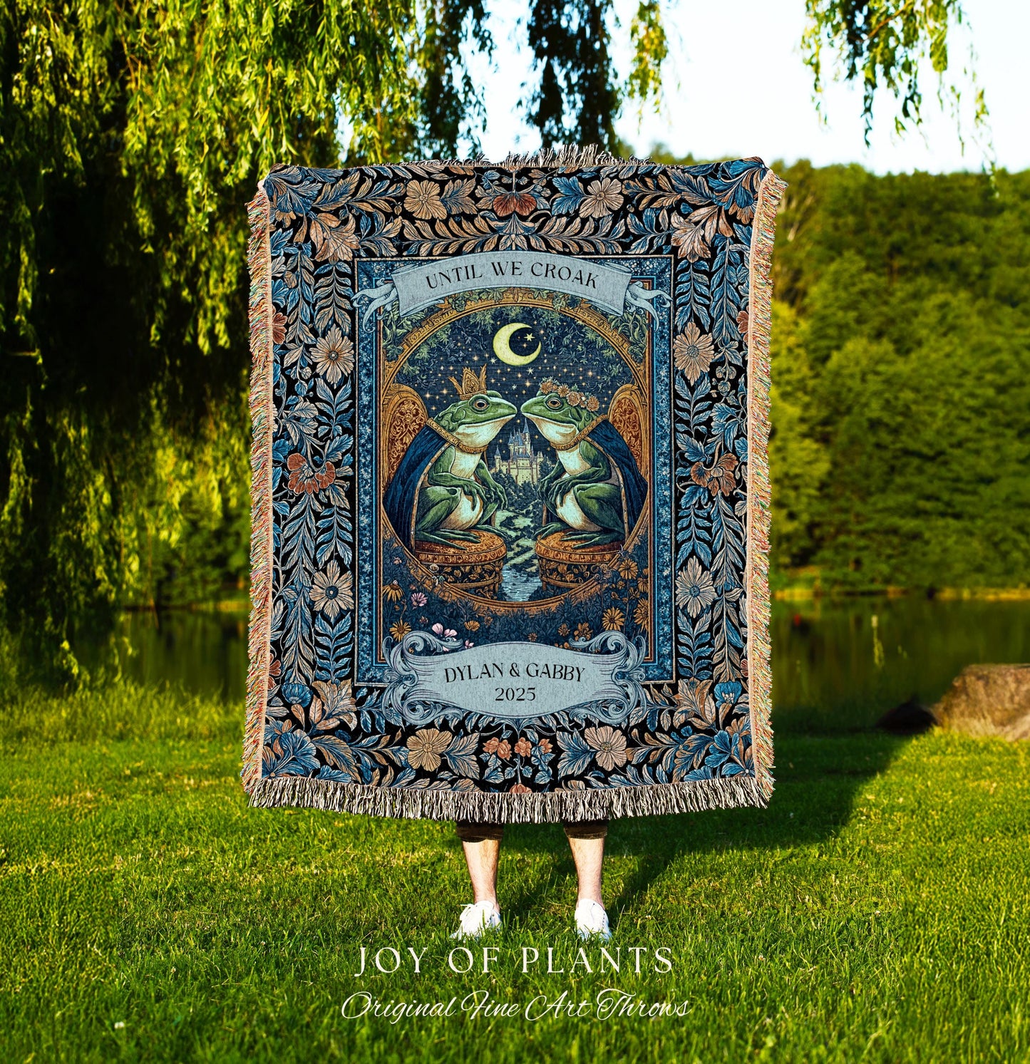 Celestial Frog Couple Custom Blanket | Starry Night Woven Throw Personalized Anniversary Toad Lovers Tapestry Cottagecore Gift Moody Florals