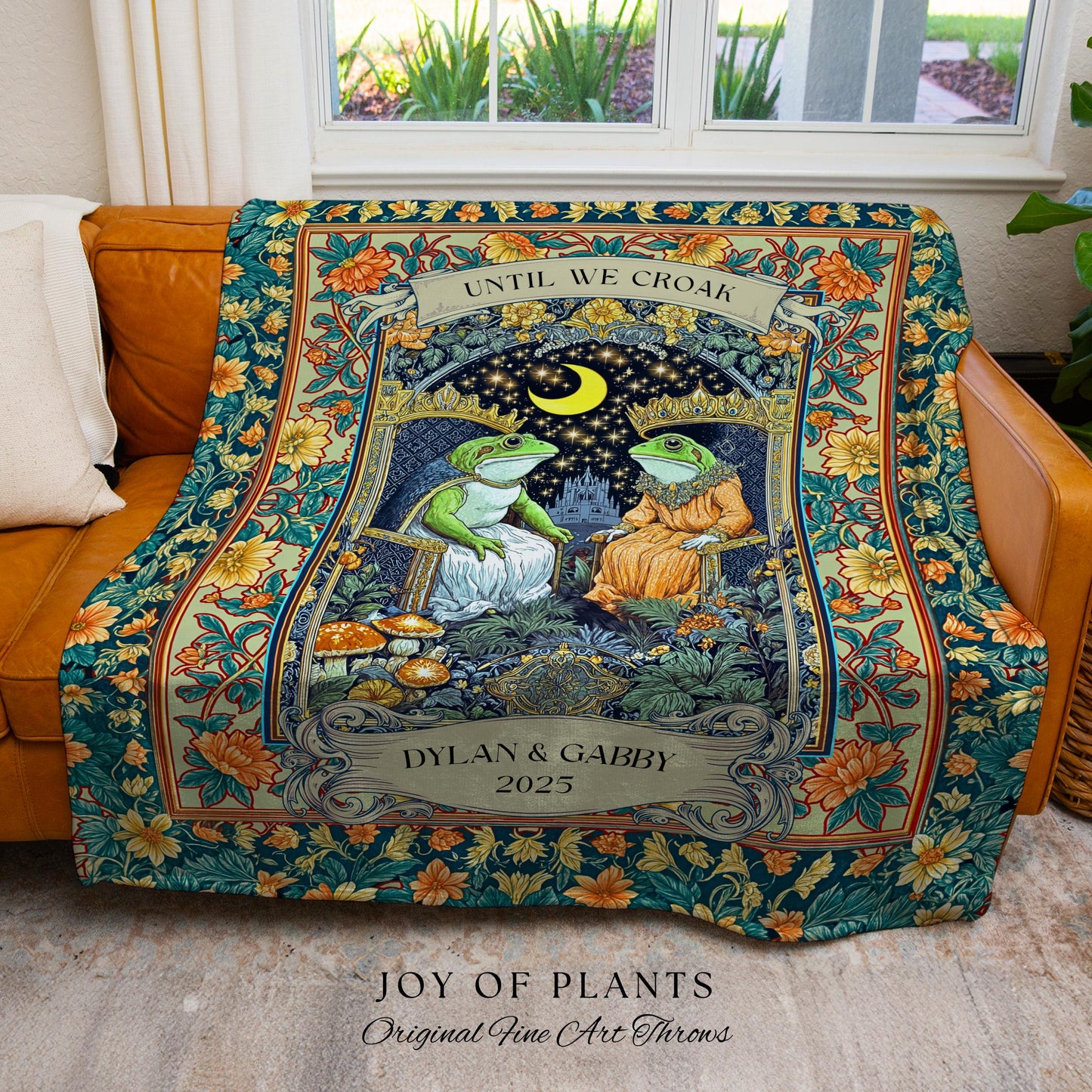 Moonlit Royal Frog Lovers Cozy Blanket | Crowned Toad Couple Woven Throw Custom Anniversary Tapestry Personalized Dating Gift for Partner |