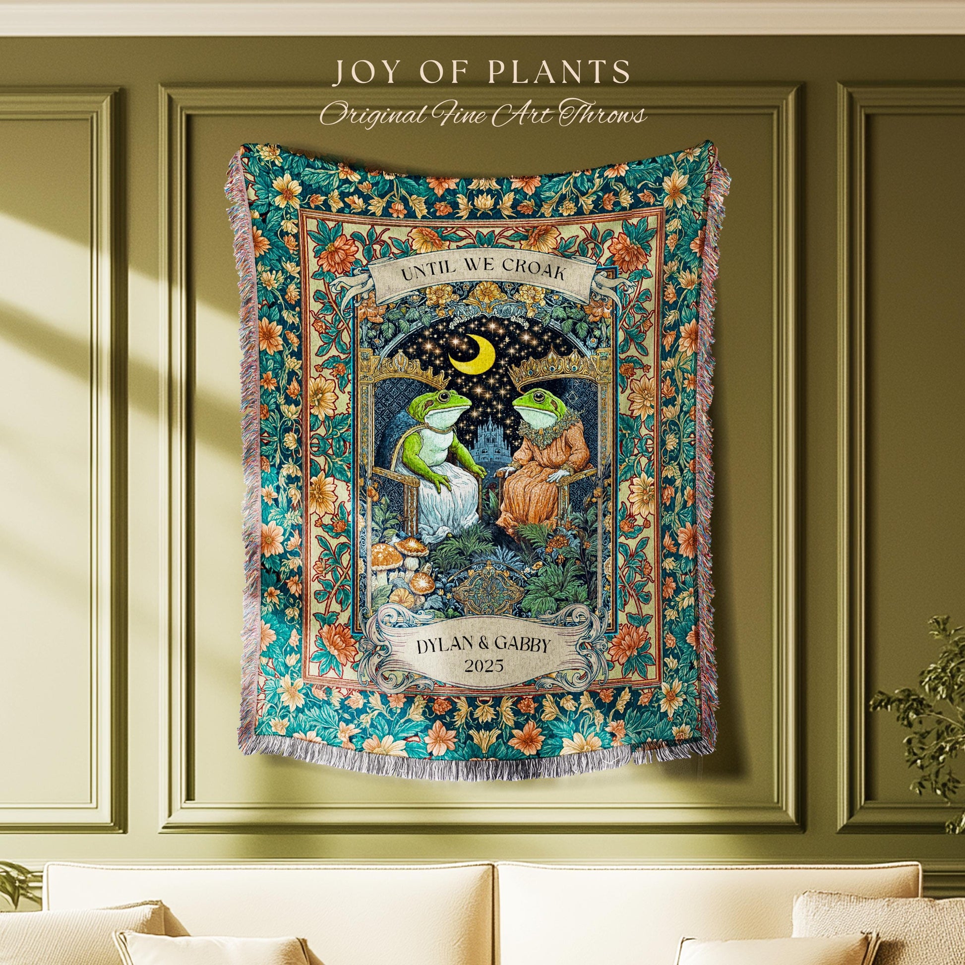 Moonlit Royal Frog Lovers Cozy Blanket | Crowned Toad Couple Woven Throw Custom Anniversary Tapestry Personalized Dating Gift for Partner |