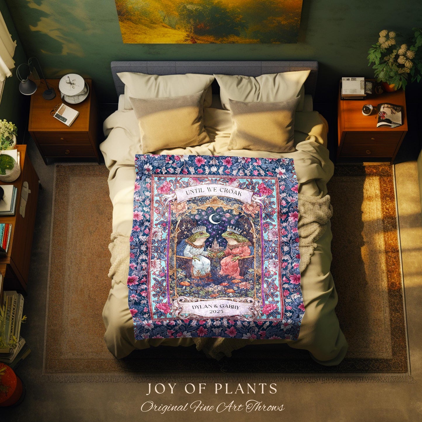 Folklore Frog Lovers Personalized Blanket | Pastel Wedding Gift Woven Throw Custom Name Tapestry Woodland Toad Couple Gift for Girlfriend |