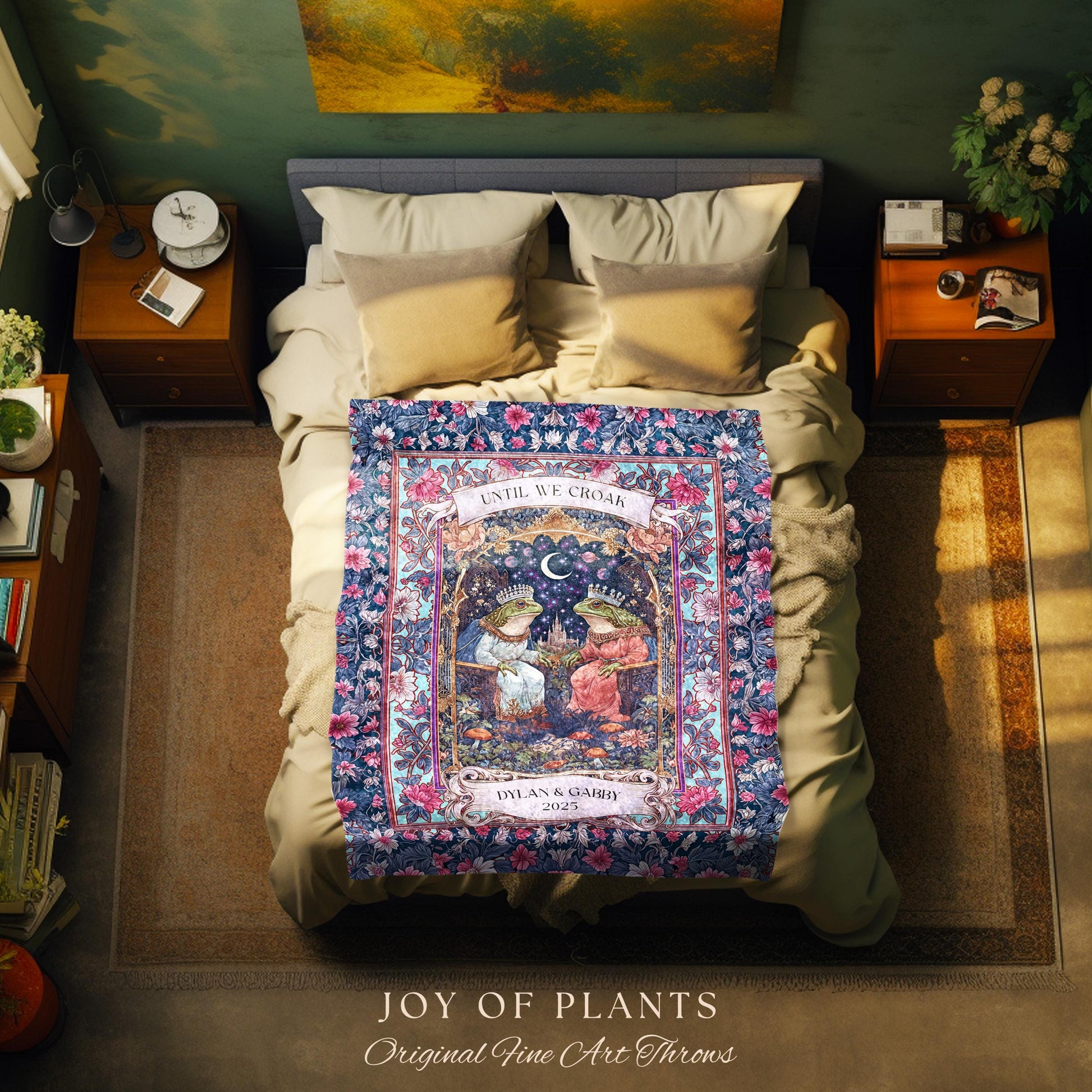 Folklore Frog Lovers Personalized Blanket | Pastel Wedding Gift Woven Throw Custom Name Tapestry Woodland Toad Couple Gift for Girlfriend |