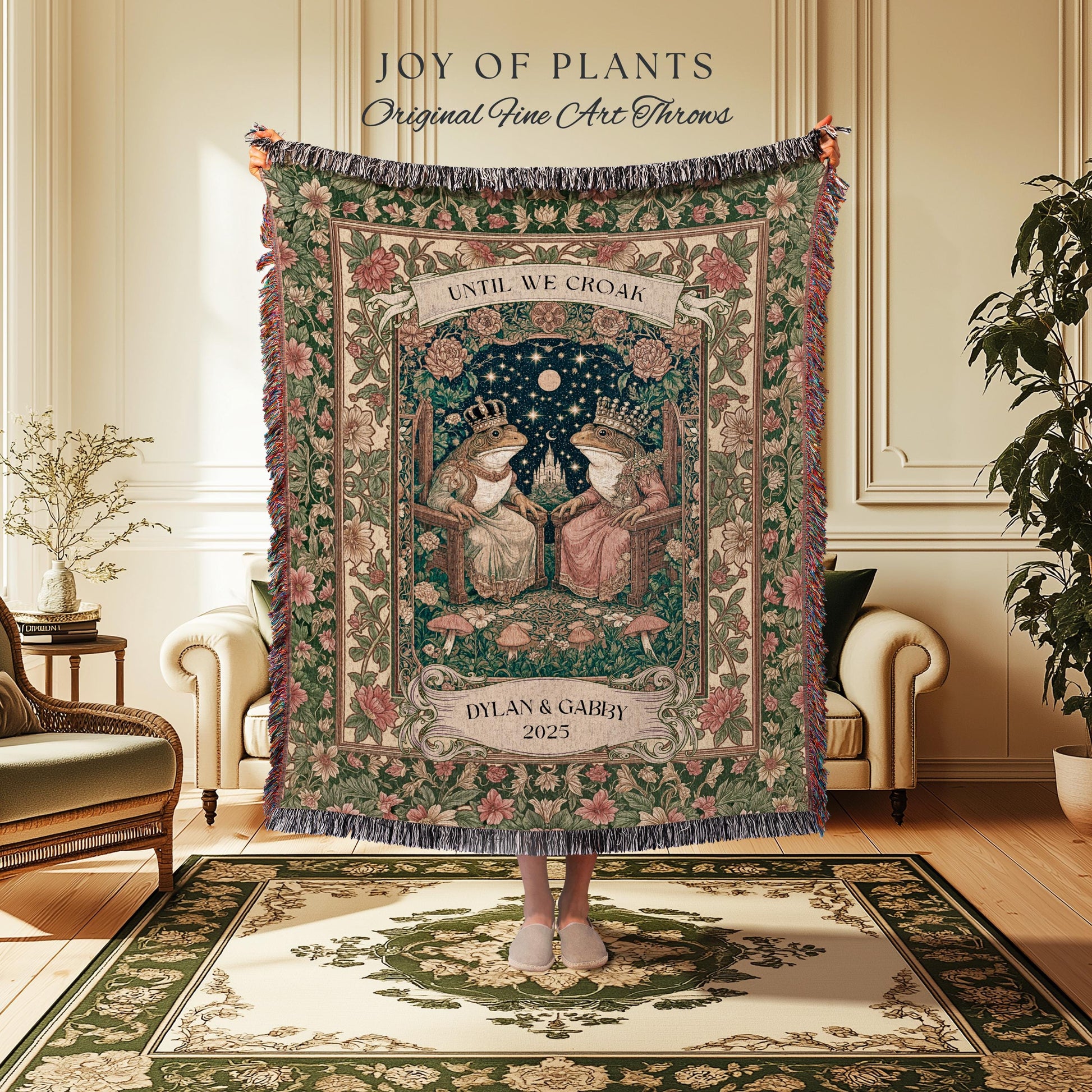 Woodland Frog Lovers Custom Blanket | Royal Toad Couple Throw Personalized Anniversary Gift Pastel Cottagecore Tapestry Whimsical Cute Style