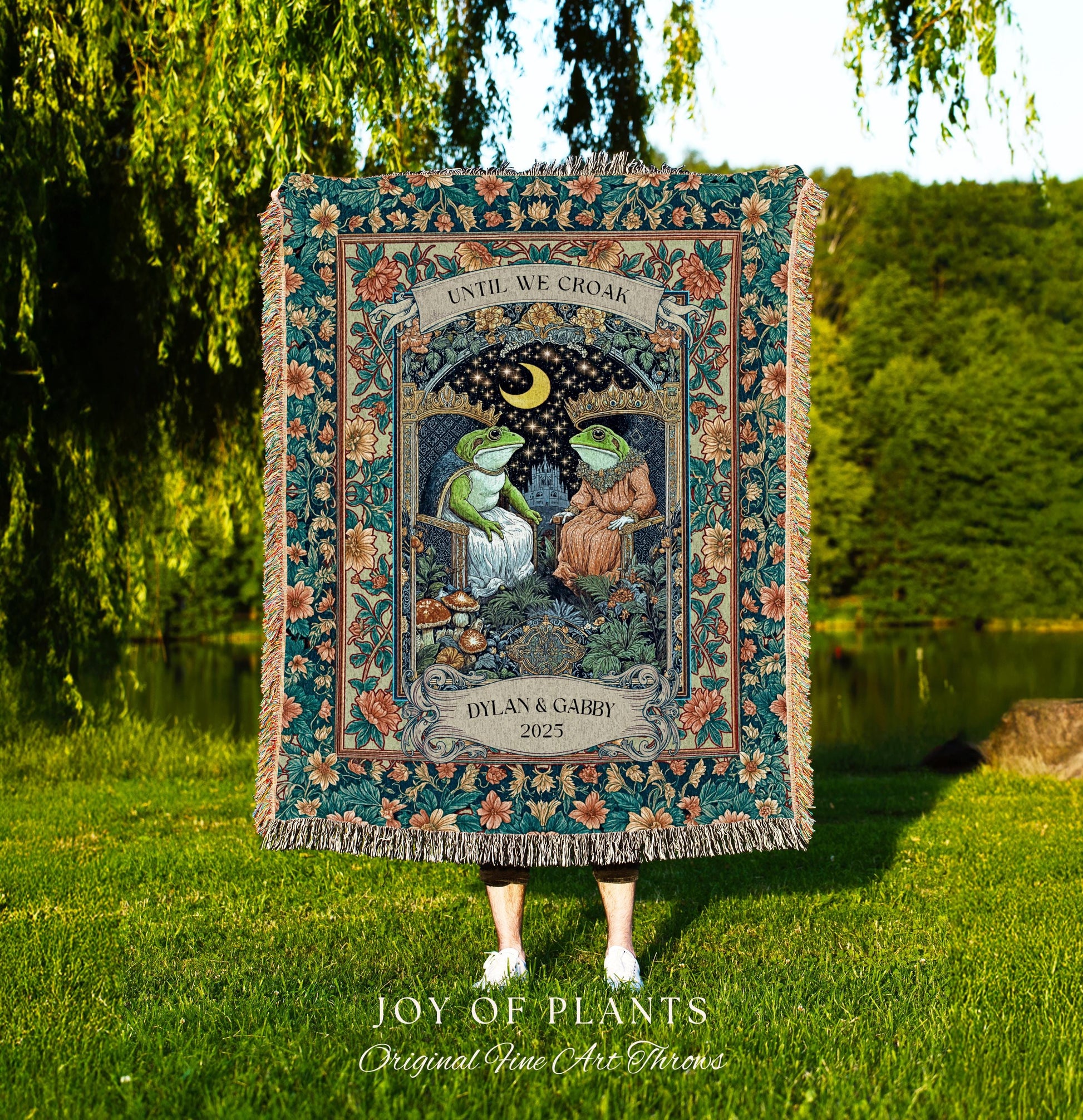Moonlit Royal Frog Lovers Cozy Blanket | Crowned Toad Couple Woven Throw Custom Anniversary Tapestry Personalized Dating Gift for Partner |
