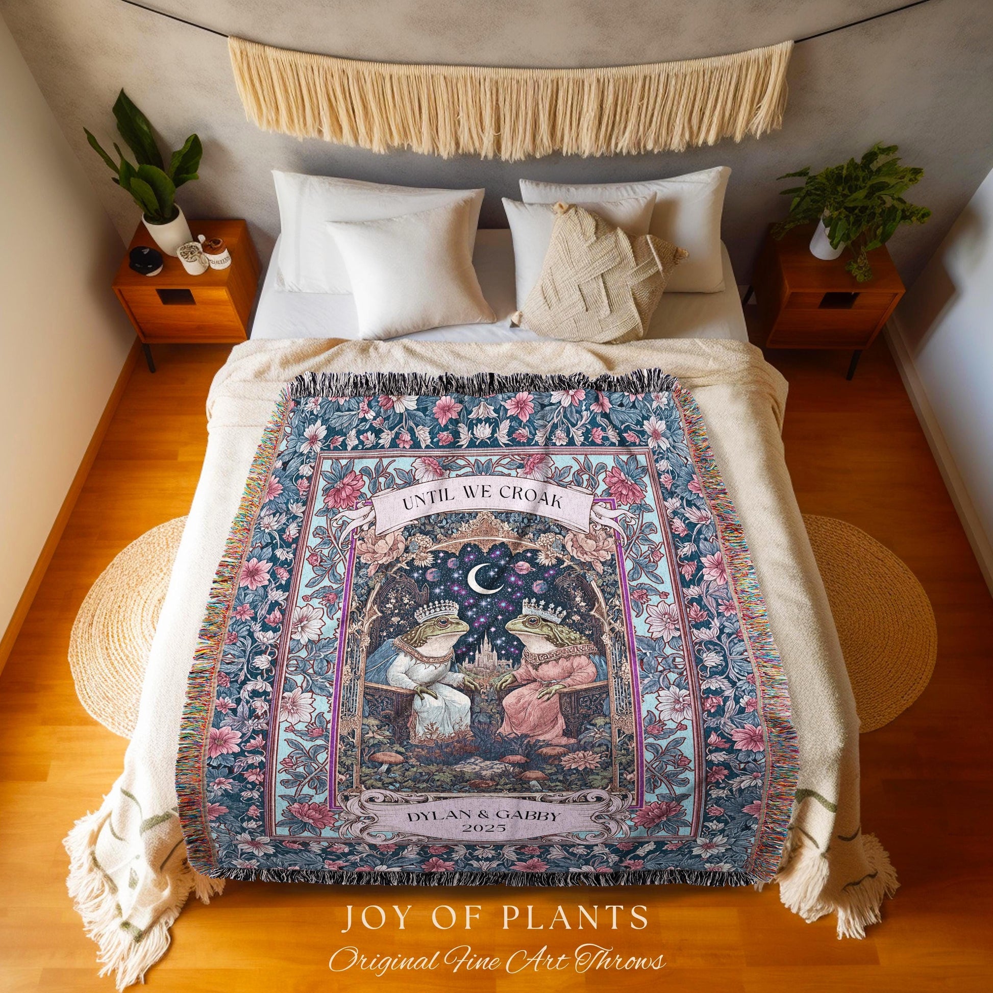 Folklore Frog Lovers Personalized Blanket | Pastel Wedding Gift Woven Throw Custom Name Tapestry Woodland Toad Couple Gift for Girlfriend |