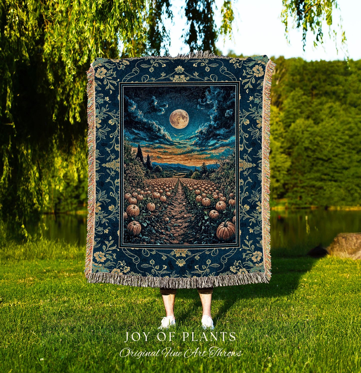 Dark Moody Harvest Moon Throw Blanket | Whimsigoth Dark Academia Vibe Pumpkin Patch Woven Tapestry Spooky Season Rustic Fall Decor Halloween