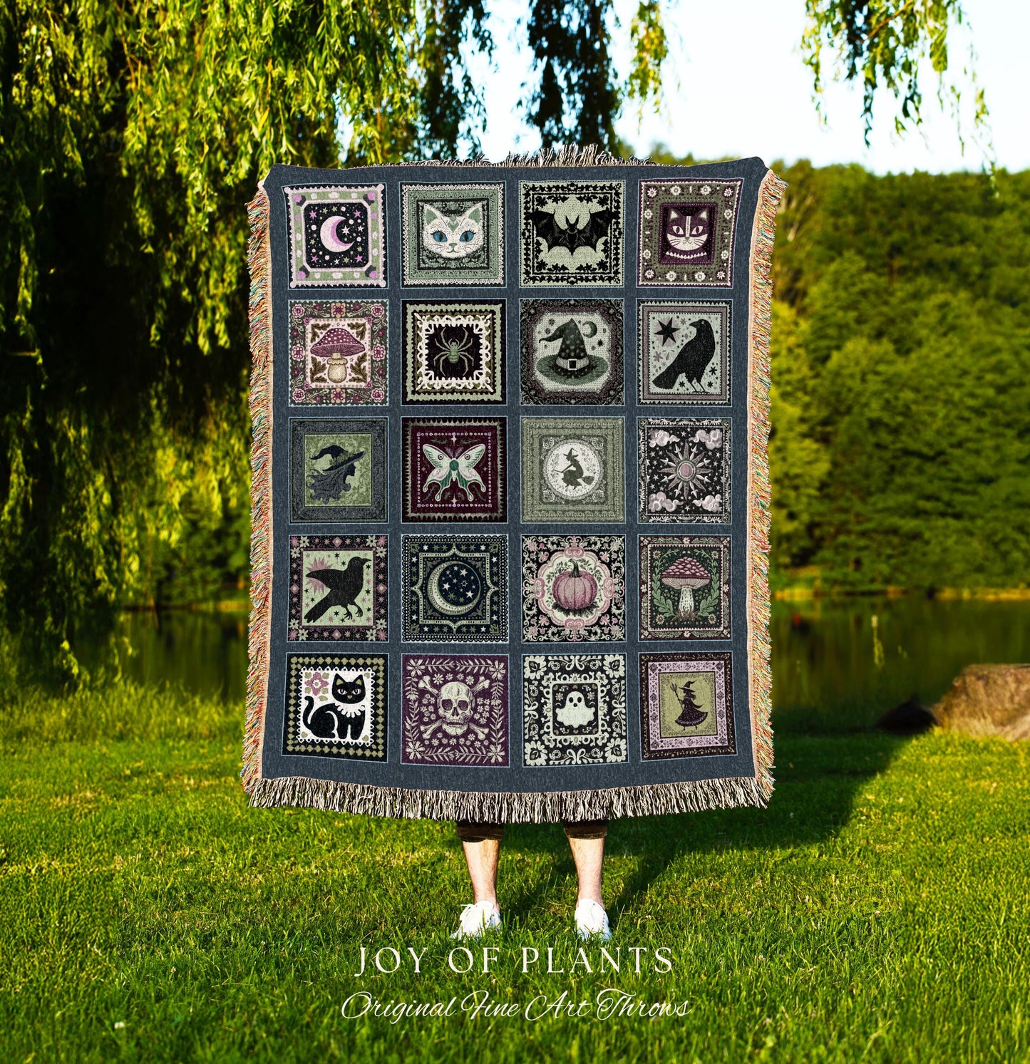 Witchy Magic Woven Cotton Throw Blanket | Rustic Halloween Bedroom Accent Gothic Spooky Decor Cozy Whimsigoth Tapestry Gift for Autumn Style